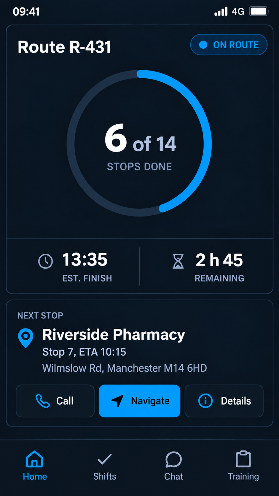 Driver app home: route number, on-route status, a completion ring, estimated finish and the next stop card with call, navigate and details actions. Portrait handset, 9:13 crop.