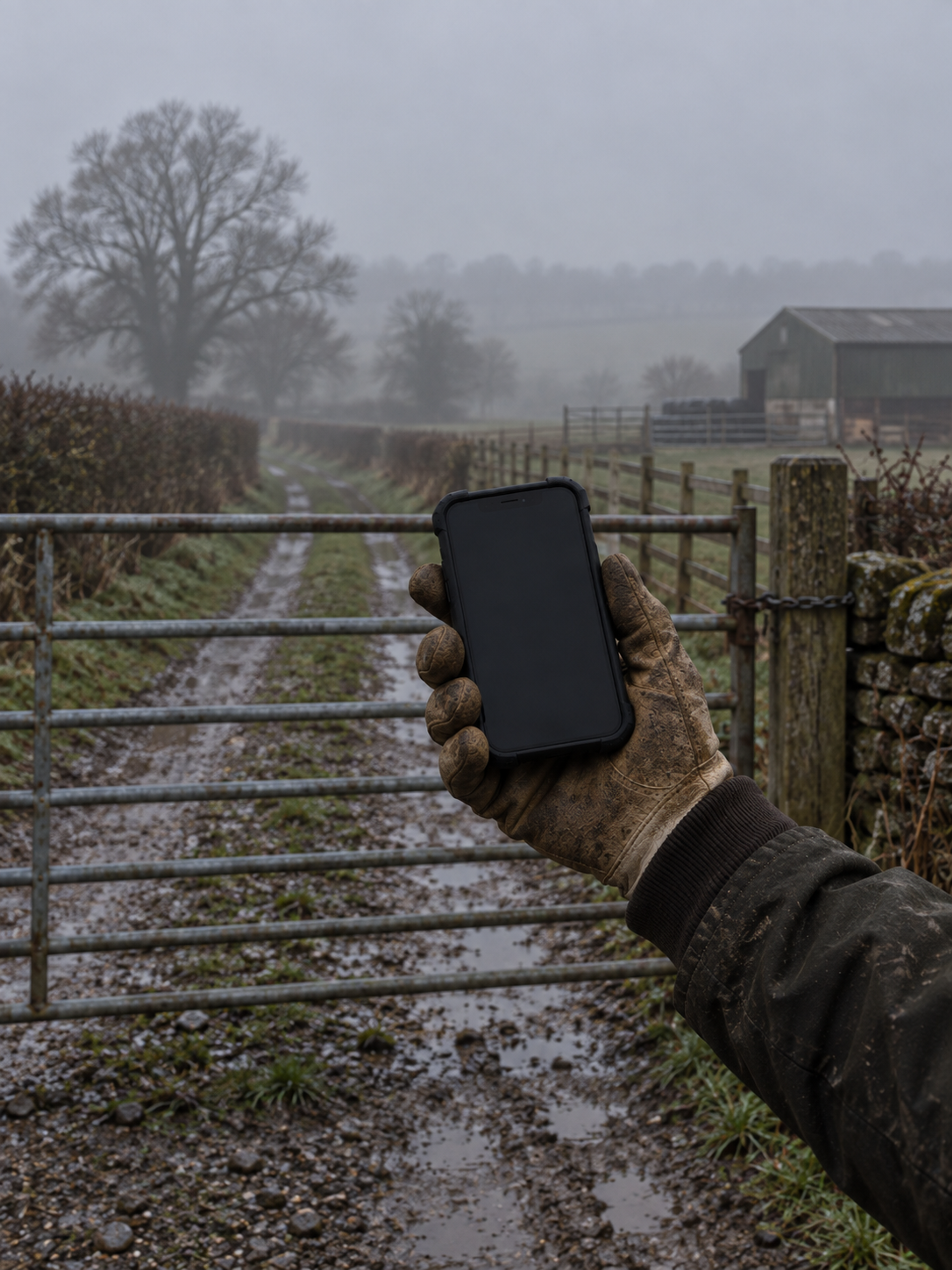 Photograph: a quiet close detail of a handset in a gloved hand. Dark and cool, room at the top, no text in the artwork.