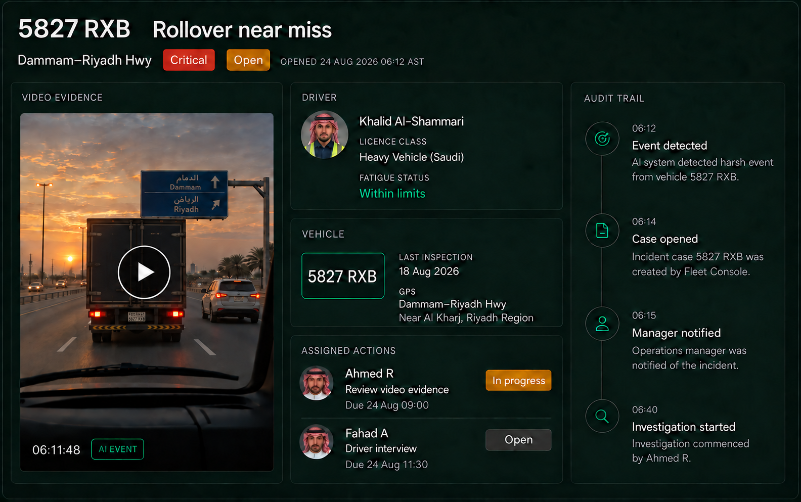 Incident command view: the open case with its severity and status, the linked video evidence, the driver and vehicle record, the assigned actions and the audit trail.