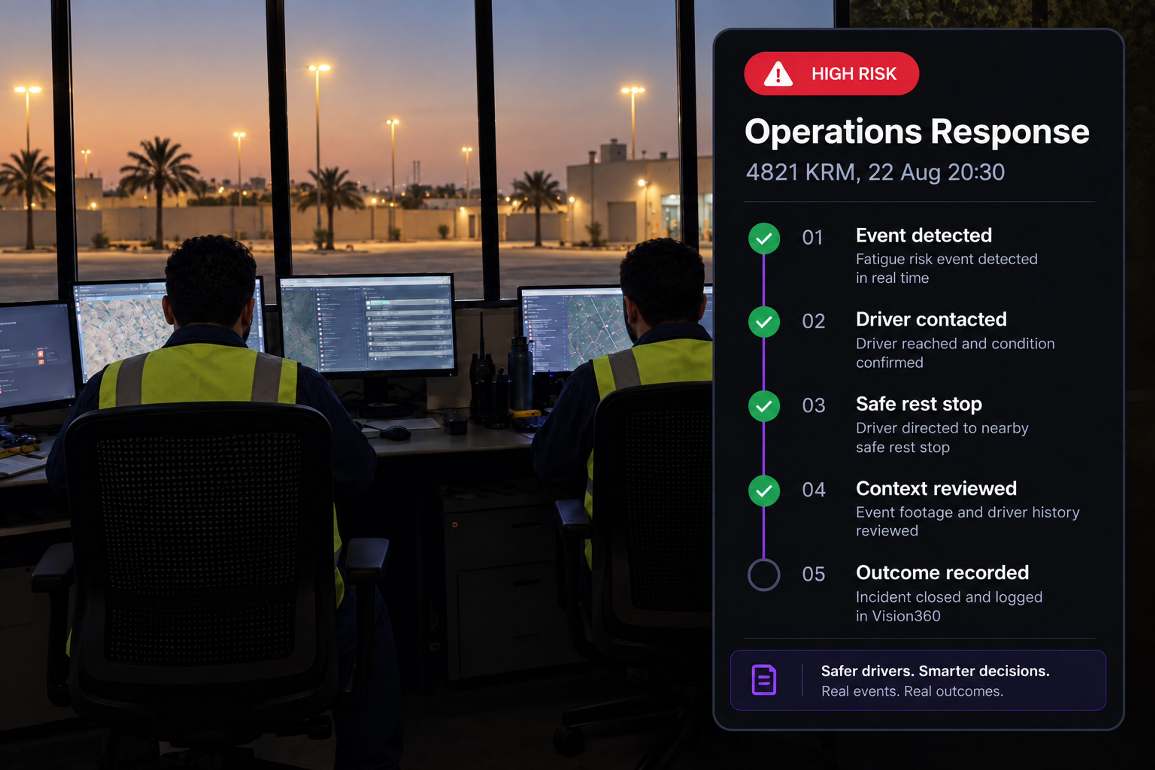 Operations response workflow: five connected steps from event detected through to resolved or escalated. 4:3, dark UI.