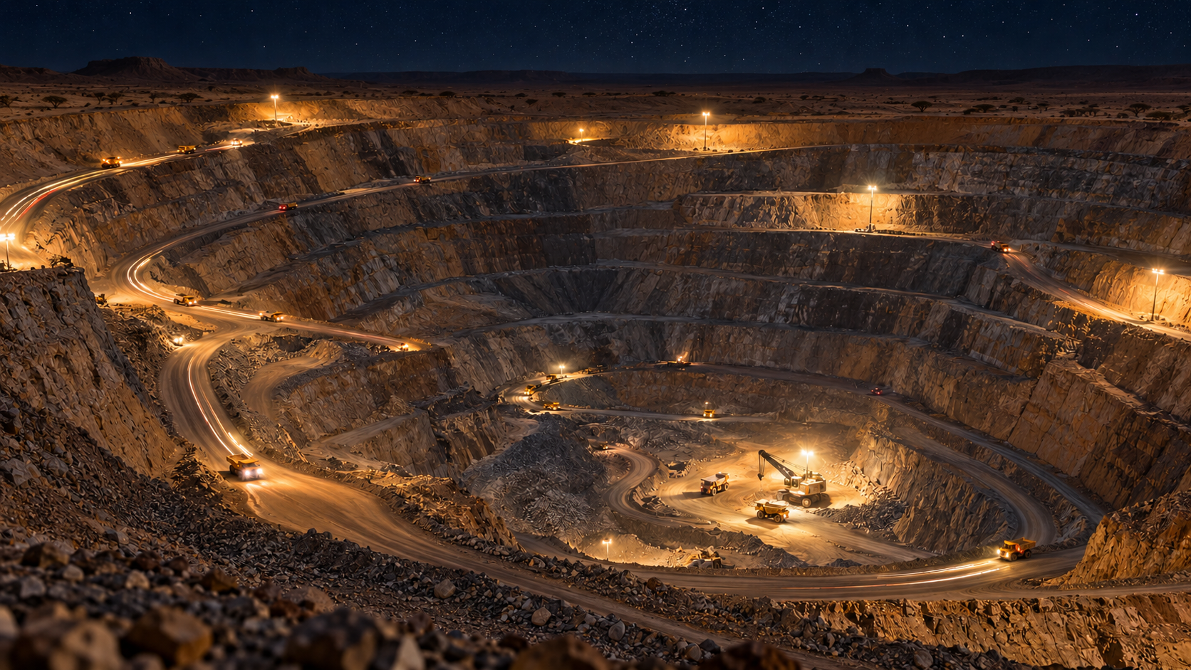 Editorial image: a lit pit at night from height. No text in the artwork.