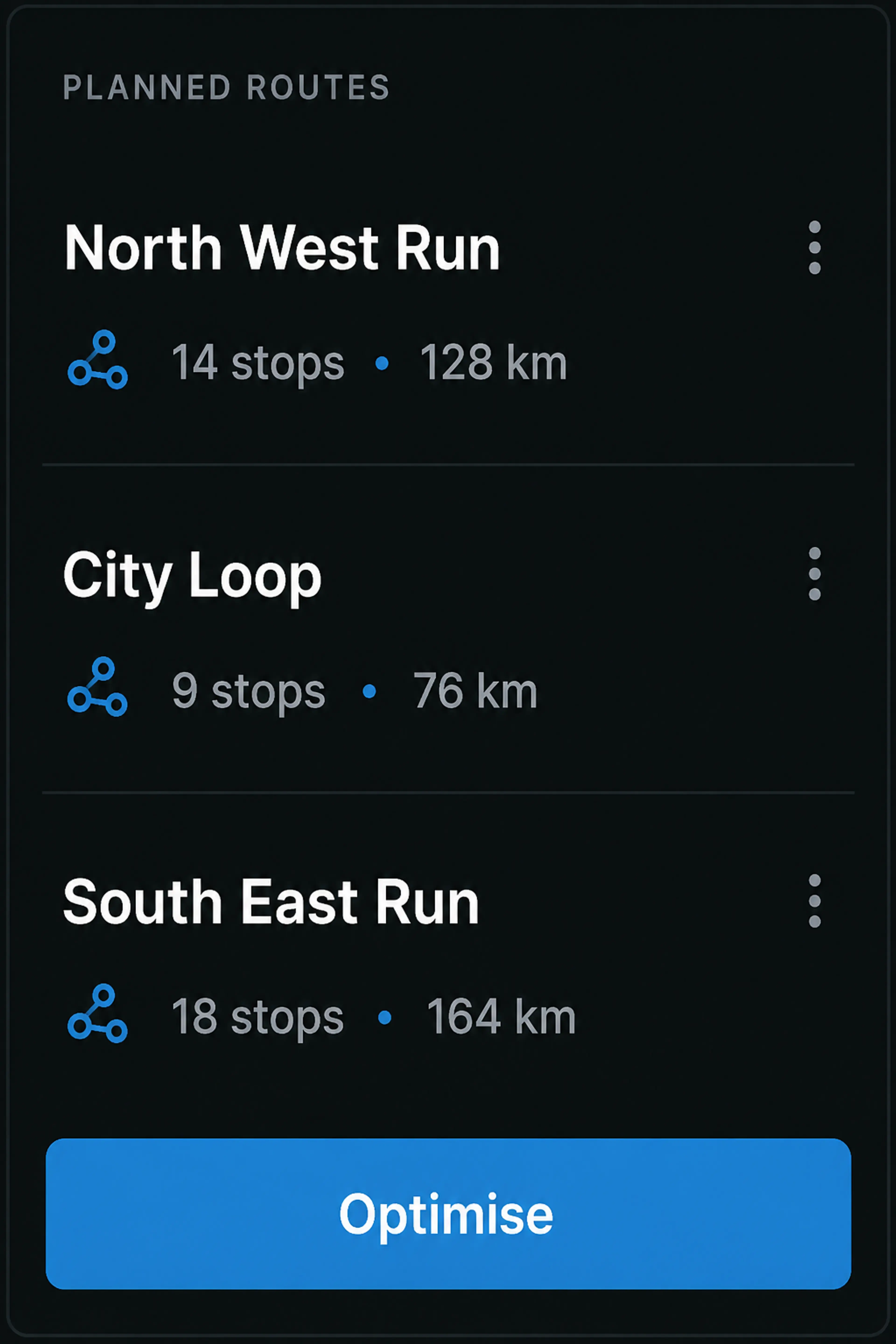 Route360 planned routes panel: three routes with job counts and distances, and an optimise action.
