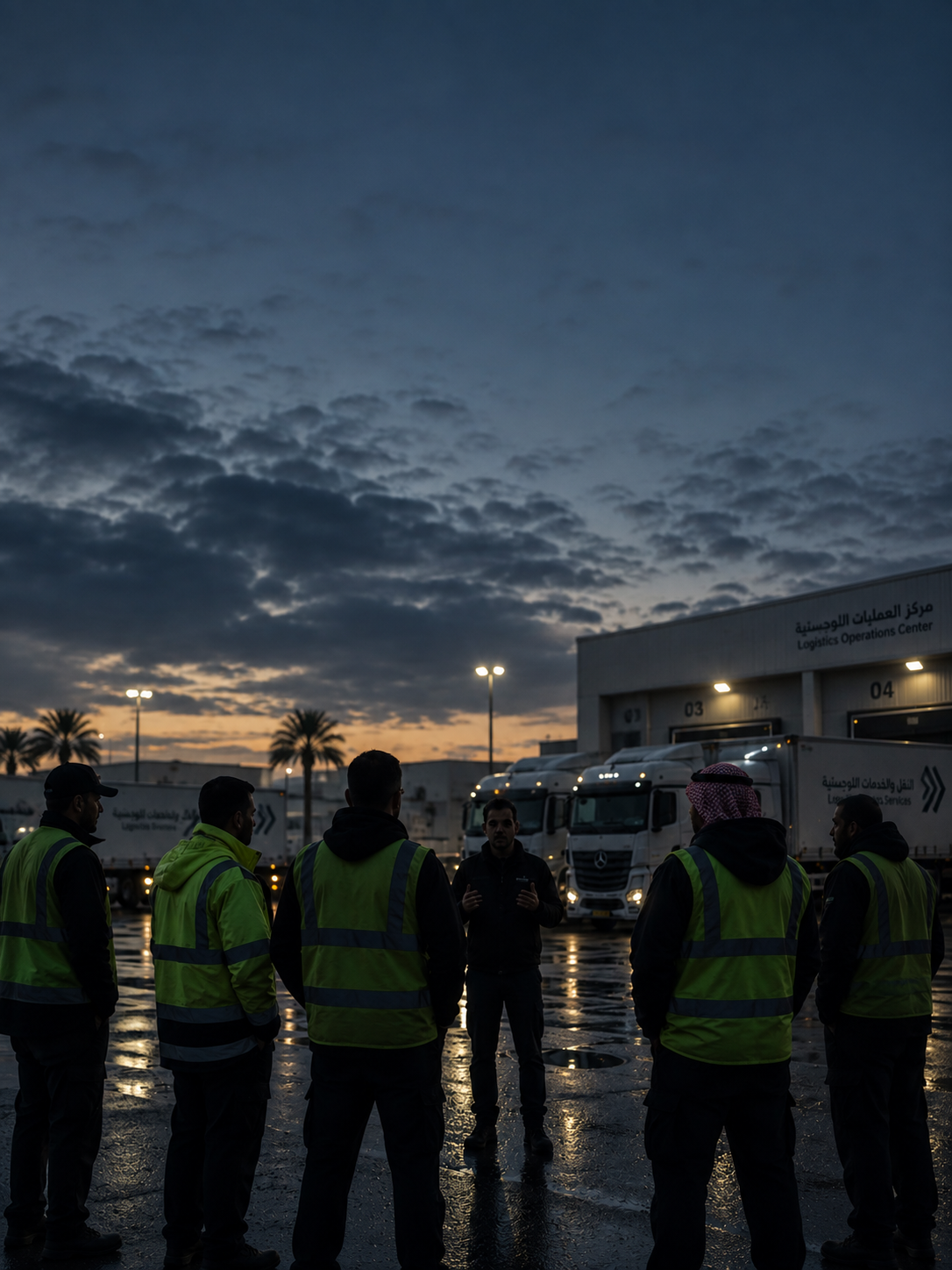 Photograph: a depot briefing at dawn. Dark and cool, room at the top, no text in the artwork.