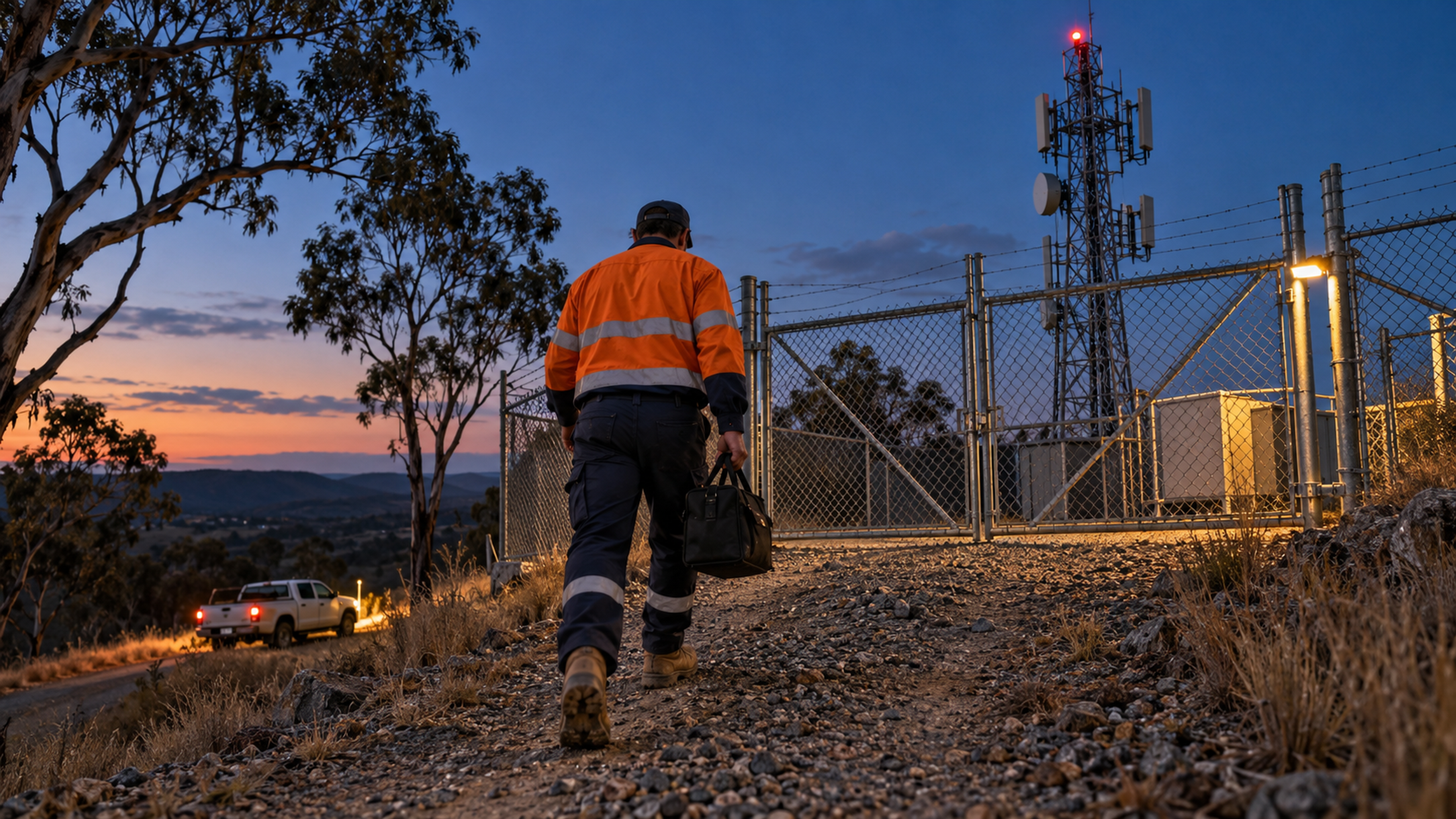Editorial image: a technician at a remote site at dusk. No text in the artwork.