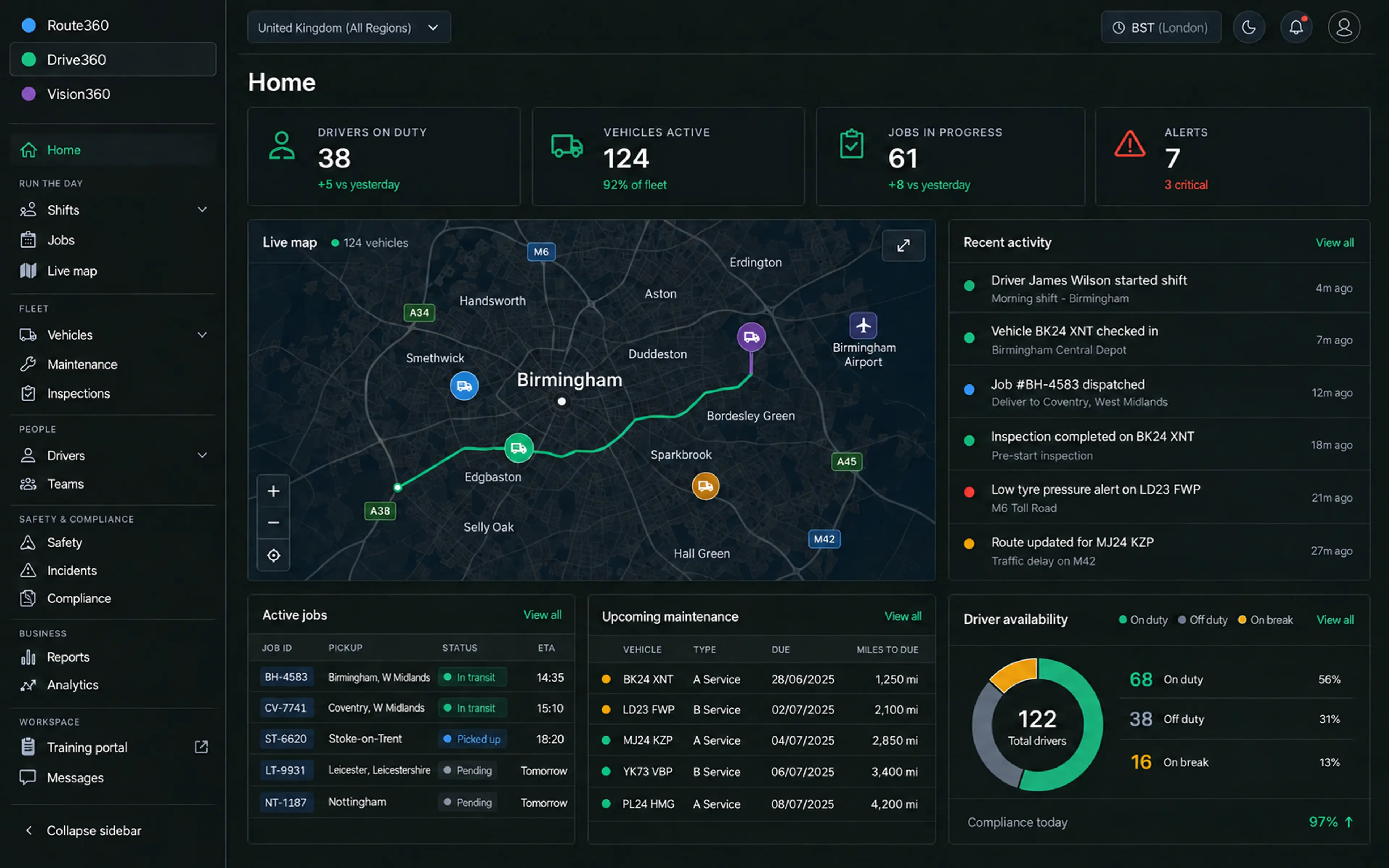 Saphyroo console home: the three-application switcher, counters for drivers on duty, vehicles active, jobs in progress and alerts, a live map and a recent activity feed.