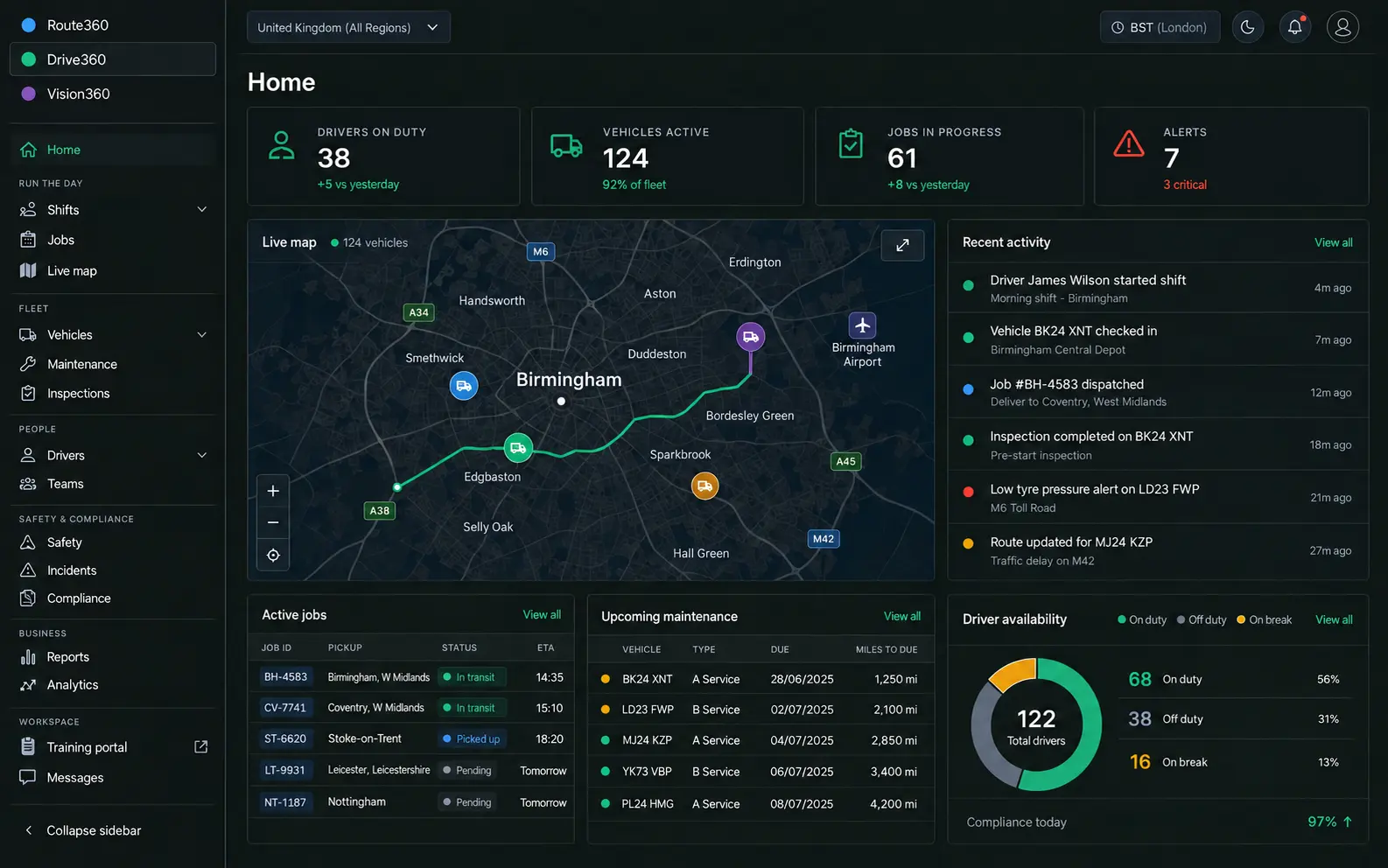 Saphyroo console home: the three-application switcher, counters for drivers on duty, vehicles active, jobs in progress and alerts, a live map and a recent activity feed.