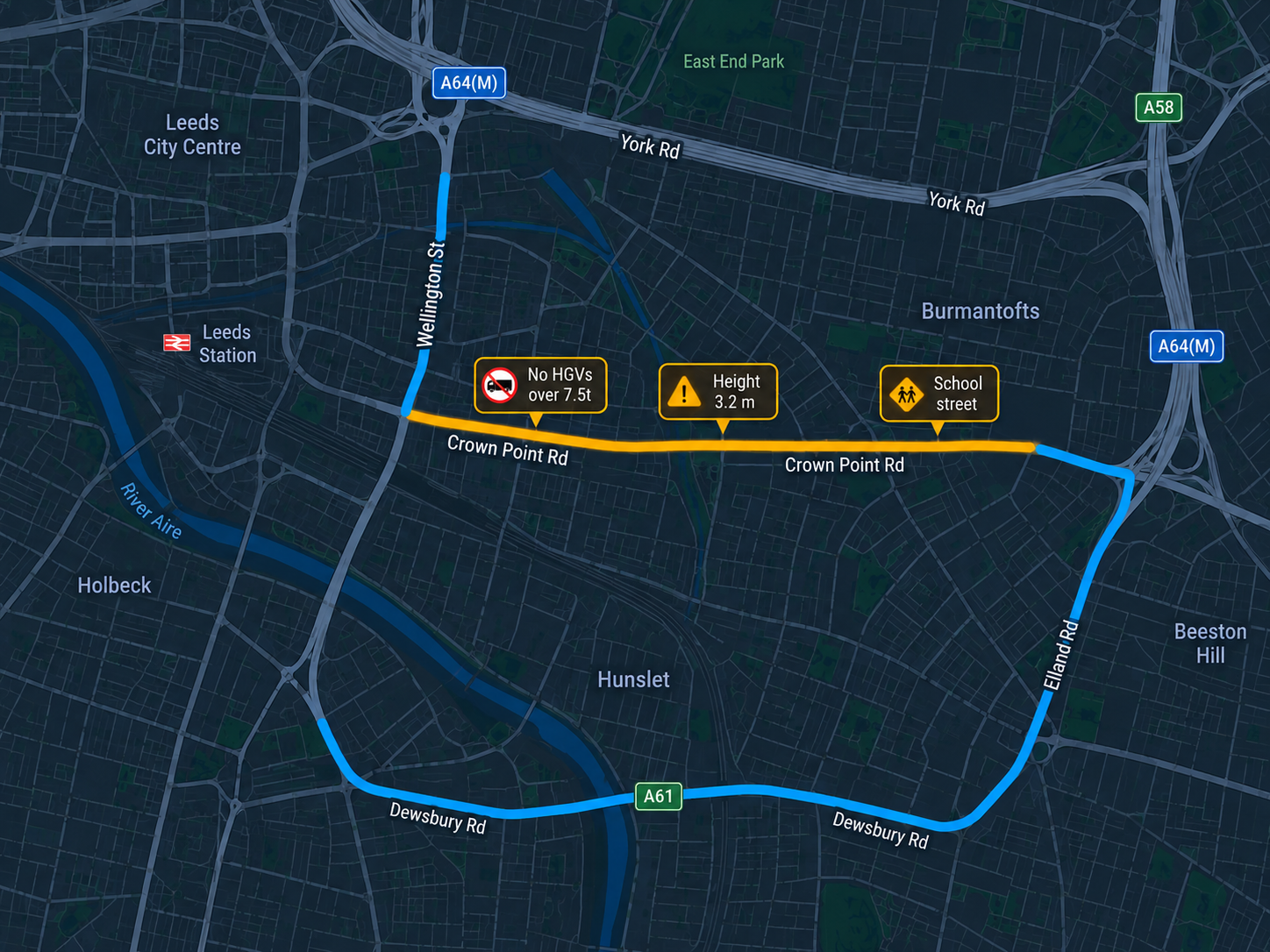 Access restriction indicators on a route segment. 4:3.