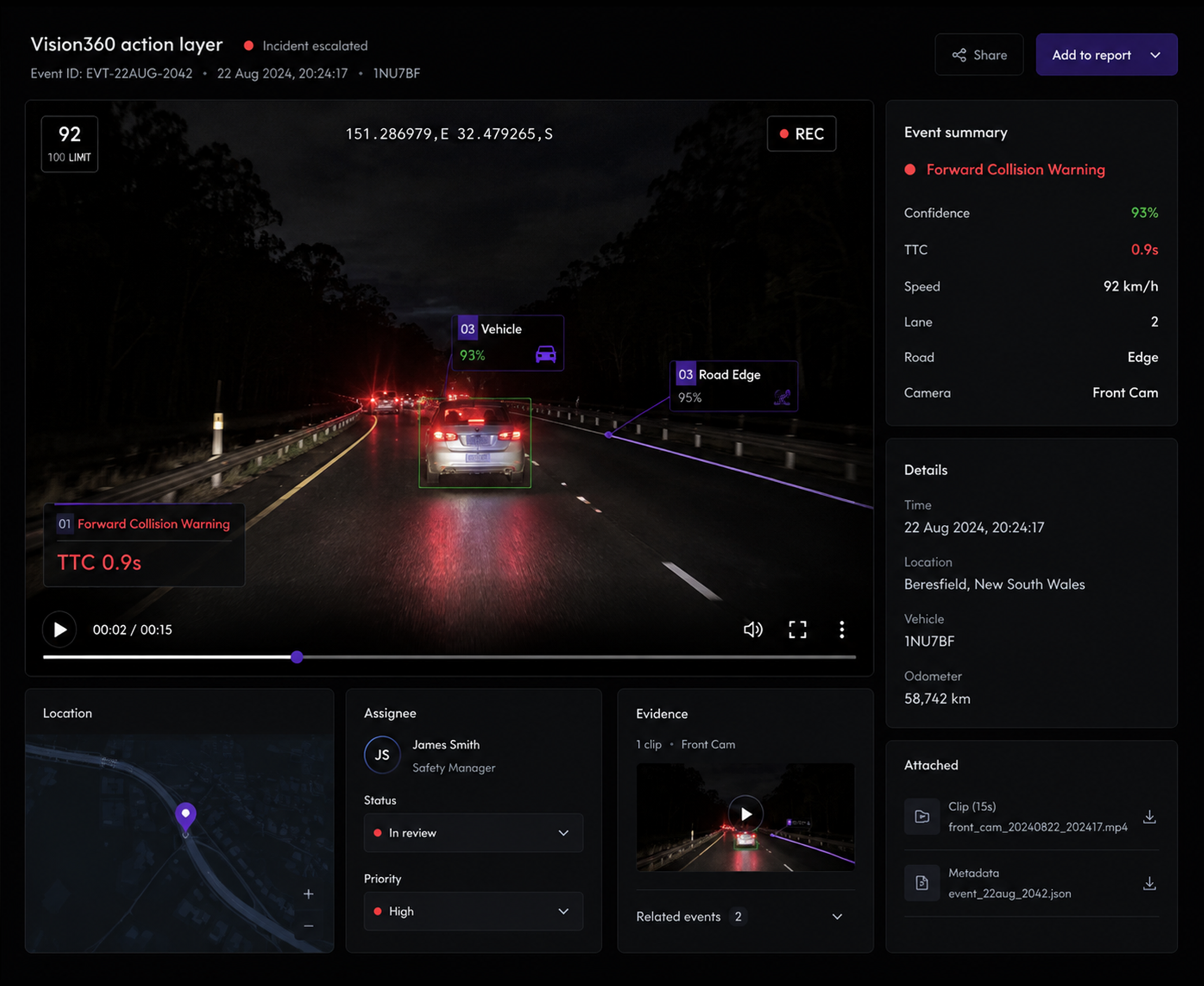 Vision360 action layer: an event escalating into an incident record with the clip, location and assignee attached.