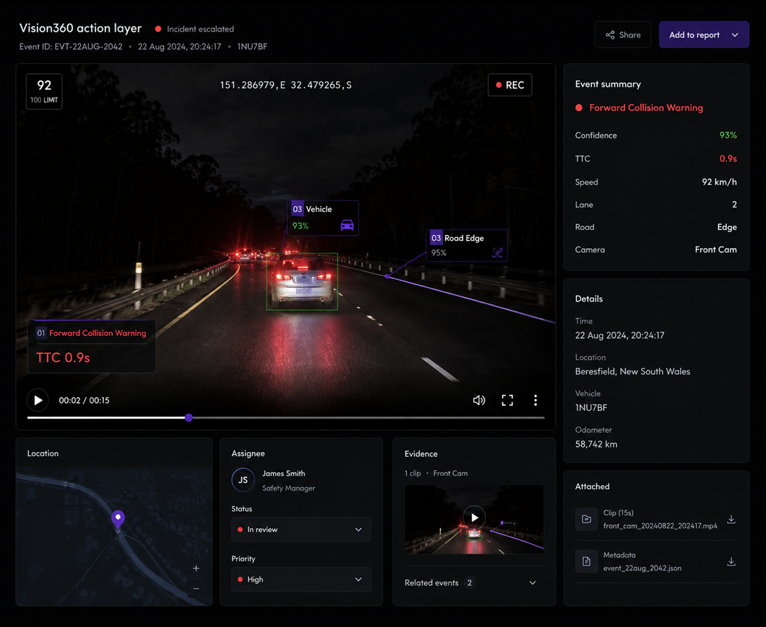 Vision360 action layer: an event escalating into an incident record with the clip, location and assignee attached.