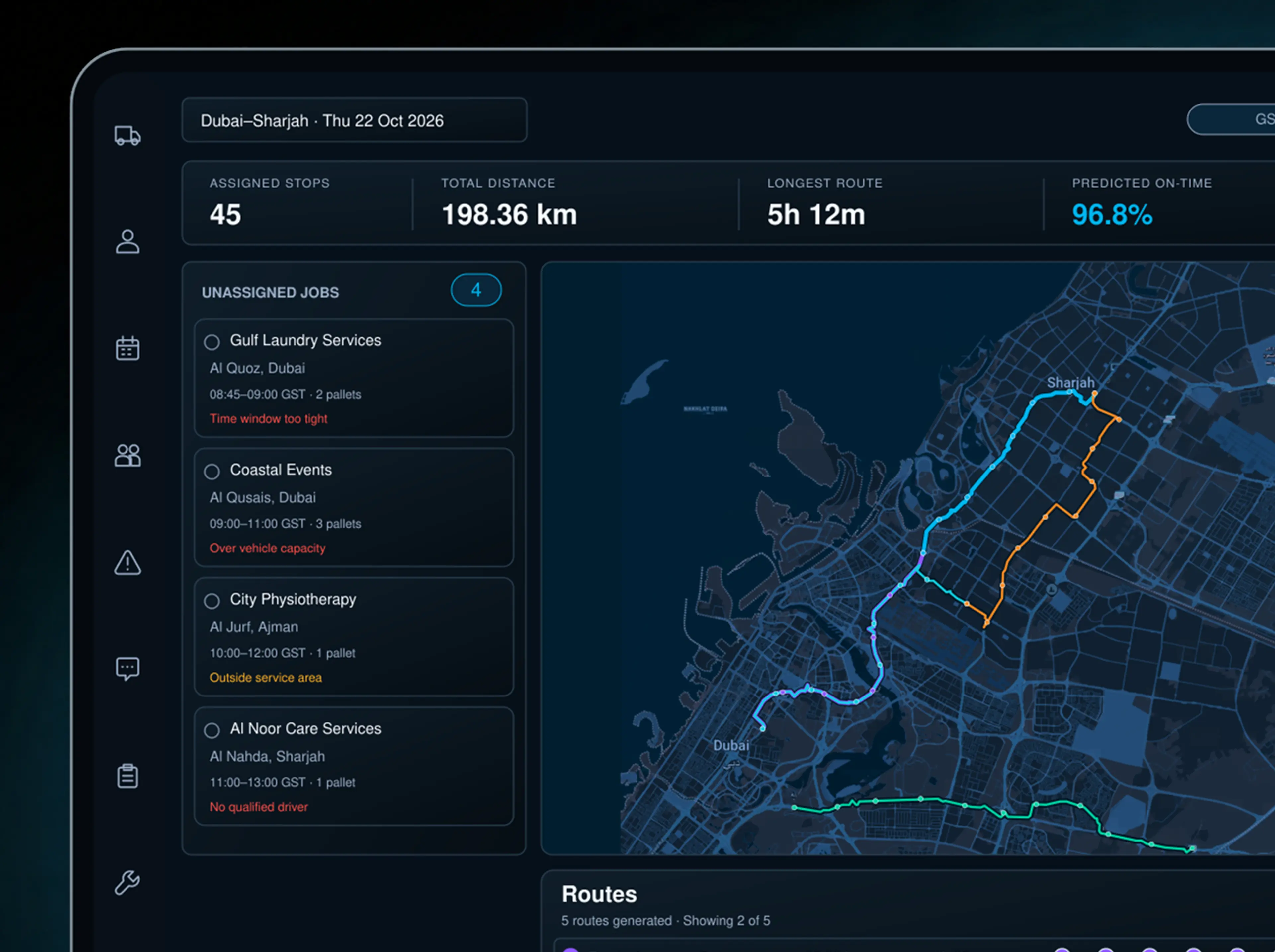 Route360 route planning console: unassigned jobs on the left, five optimised routes drawn on the map, and a plan summary showing stops, total distance, duration, time-window performance, cost per delivery and capacity utilisation. 16:10, dark UI, 2560x1600.