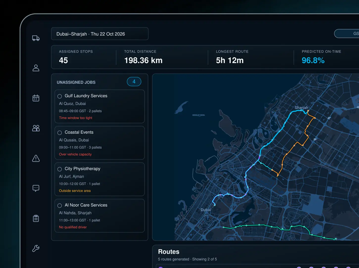 Route360 route planning console: unassigned jobs on the left, five optimised routes drawn on the map, and a plan summary showing stops, total distance, duration, time-window performance, cost per delivery and capacity utilisation. 16:10, dark UI, 2560x1600.