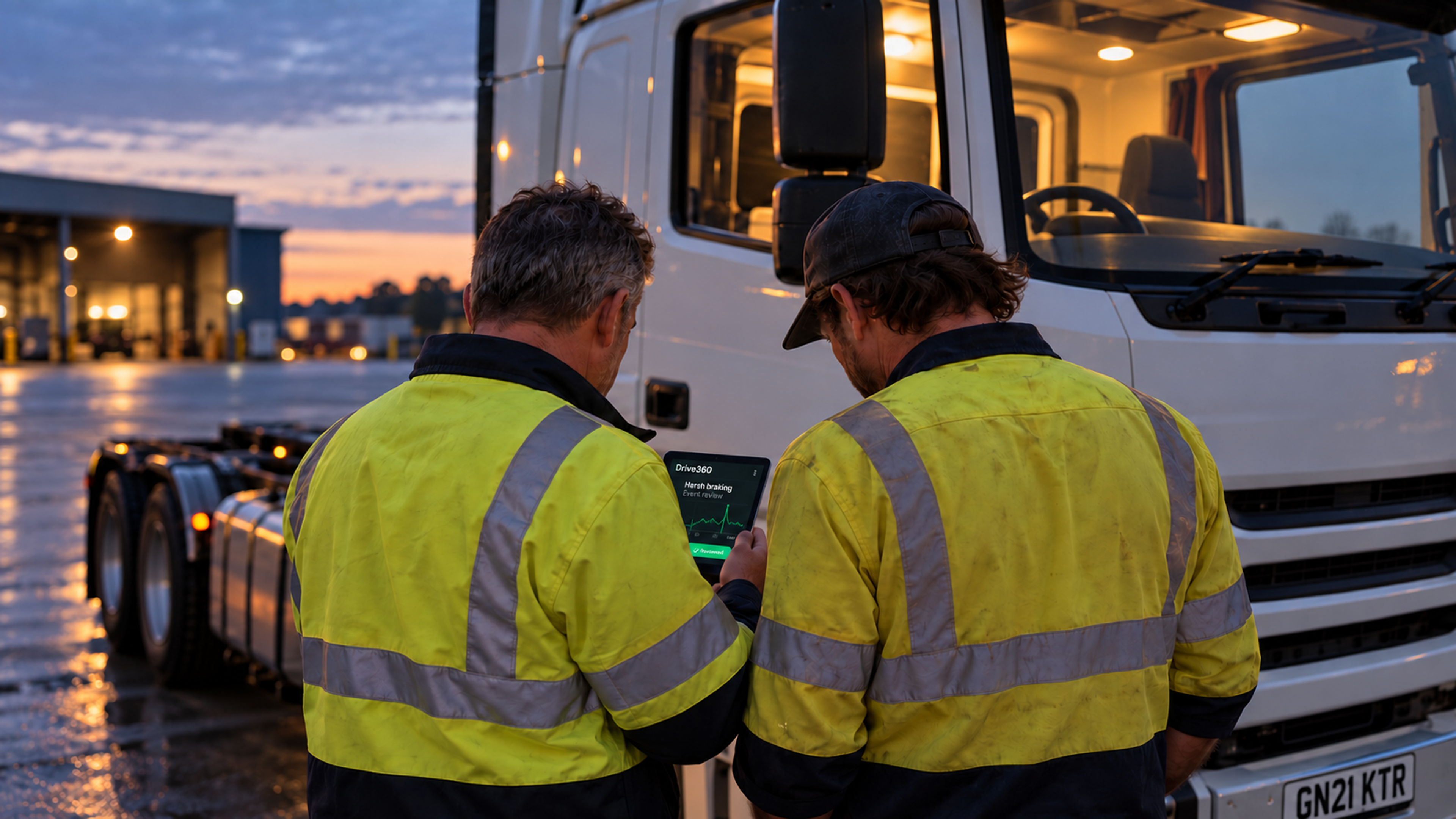 Editorial image: a depot debrief at dawn. No text in the artwork.
