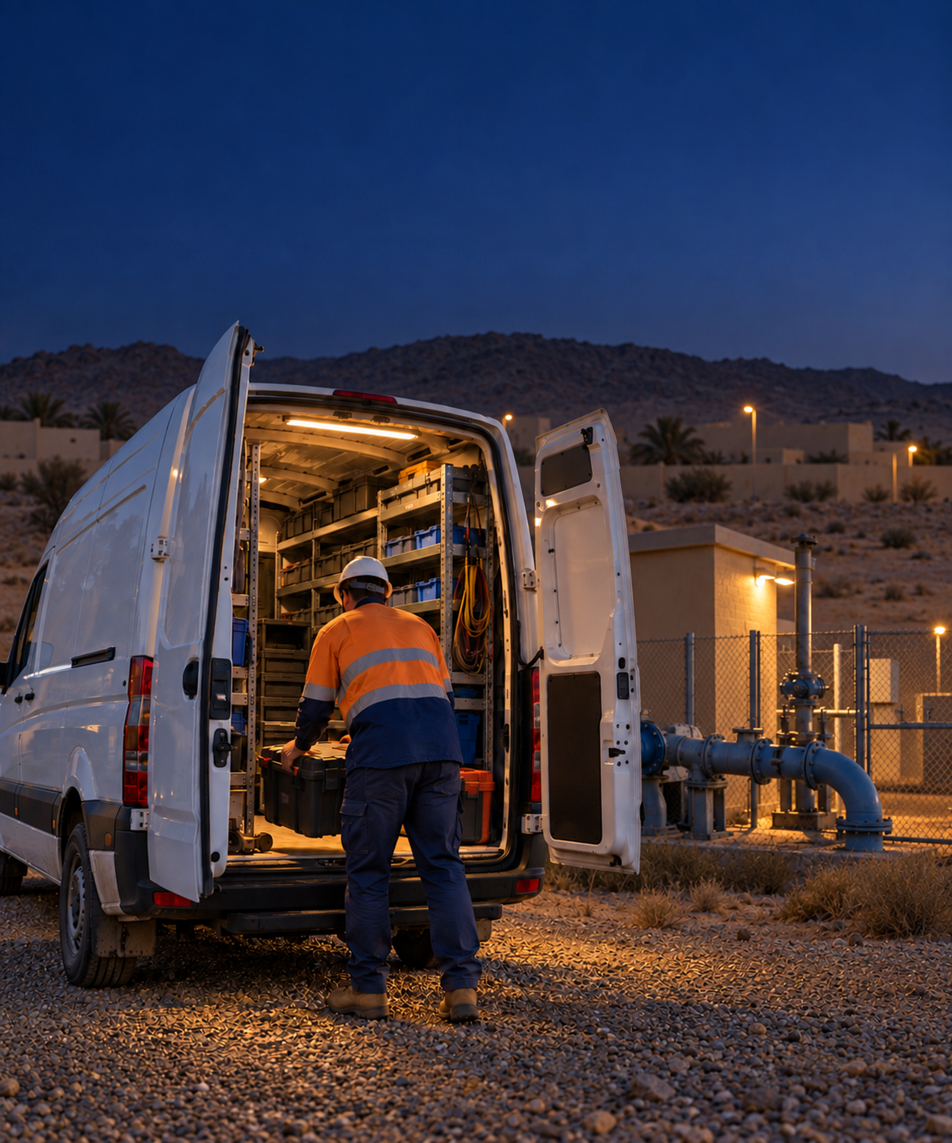 Photograph: a service van and technician at a site at first light. Dark and cool, room at the top, no text in the artwork.