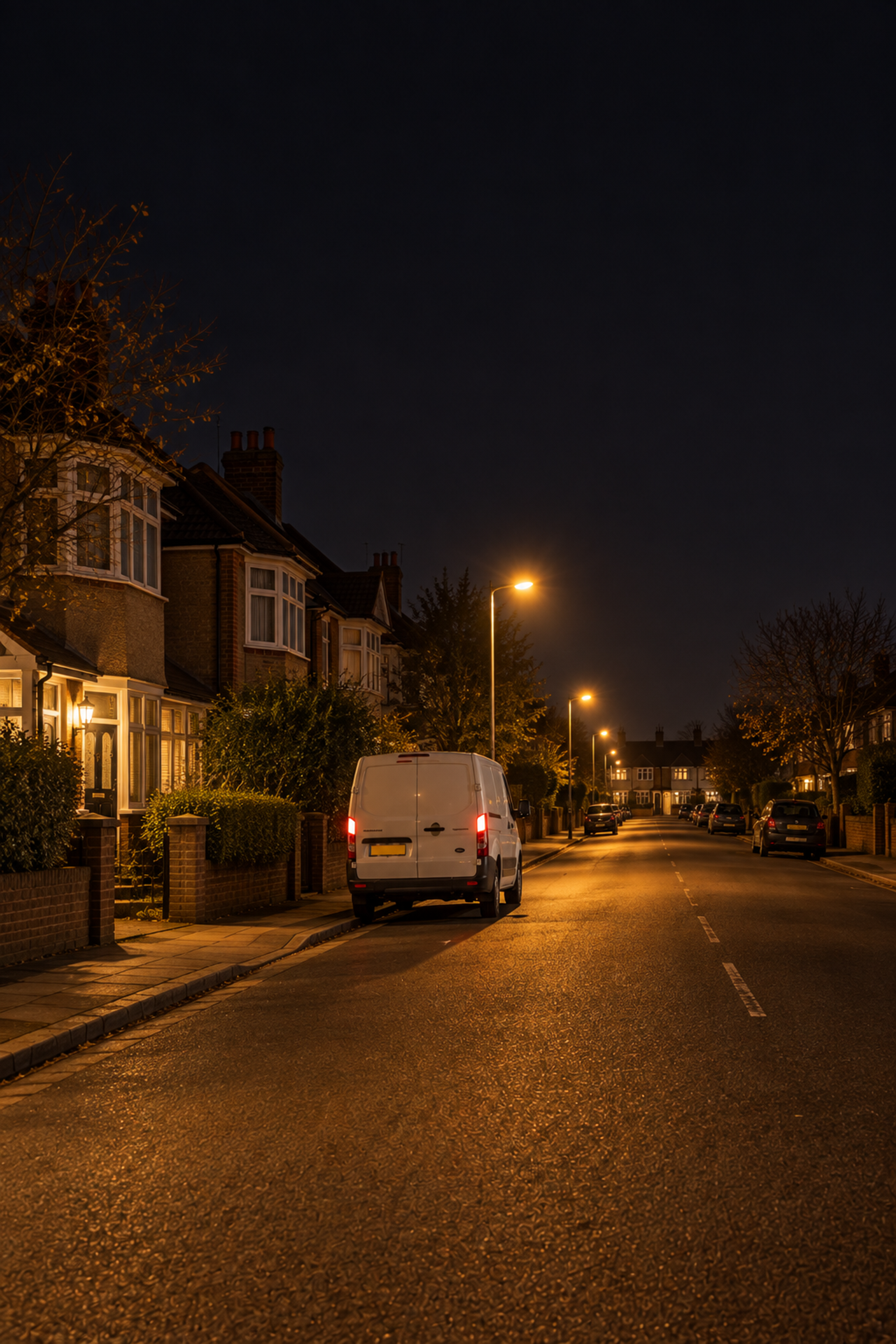 Photograph: a delivery van on a suburban street at dusk. Dark and cool, room at the top, no text in the artwork.