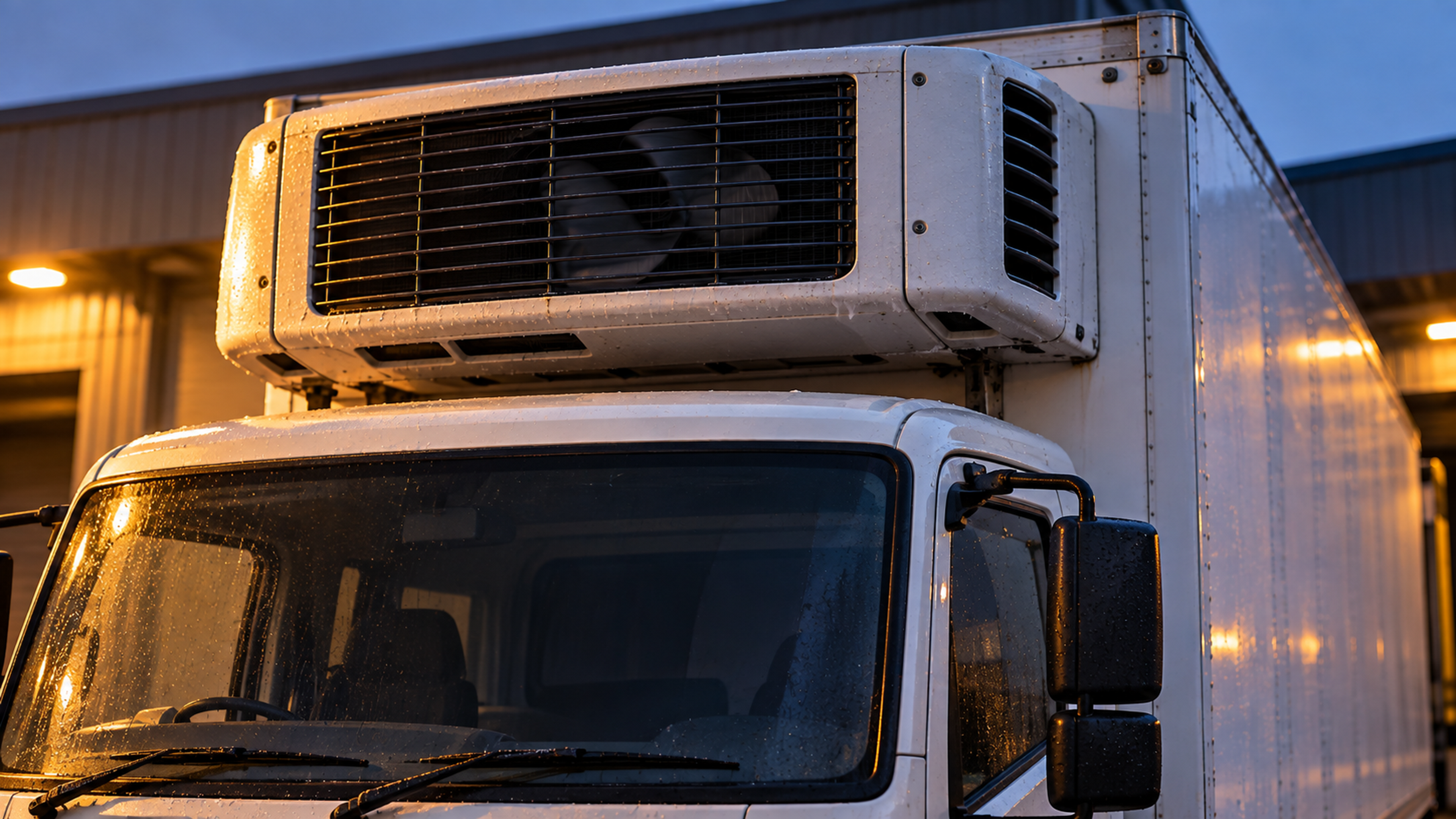 Editorial image: a reefer unit at a dock at dawn. No text in the artwork.