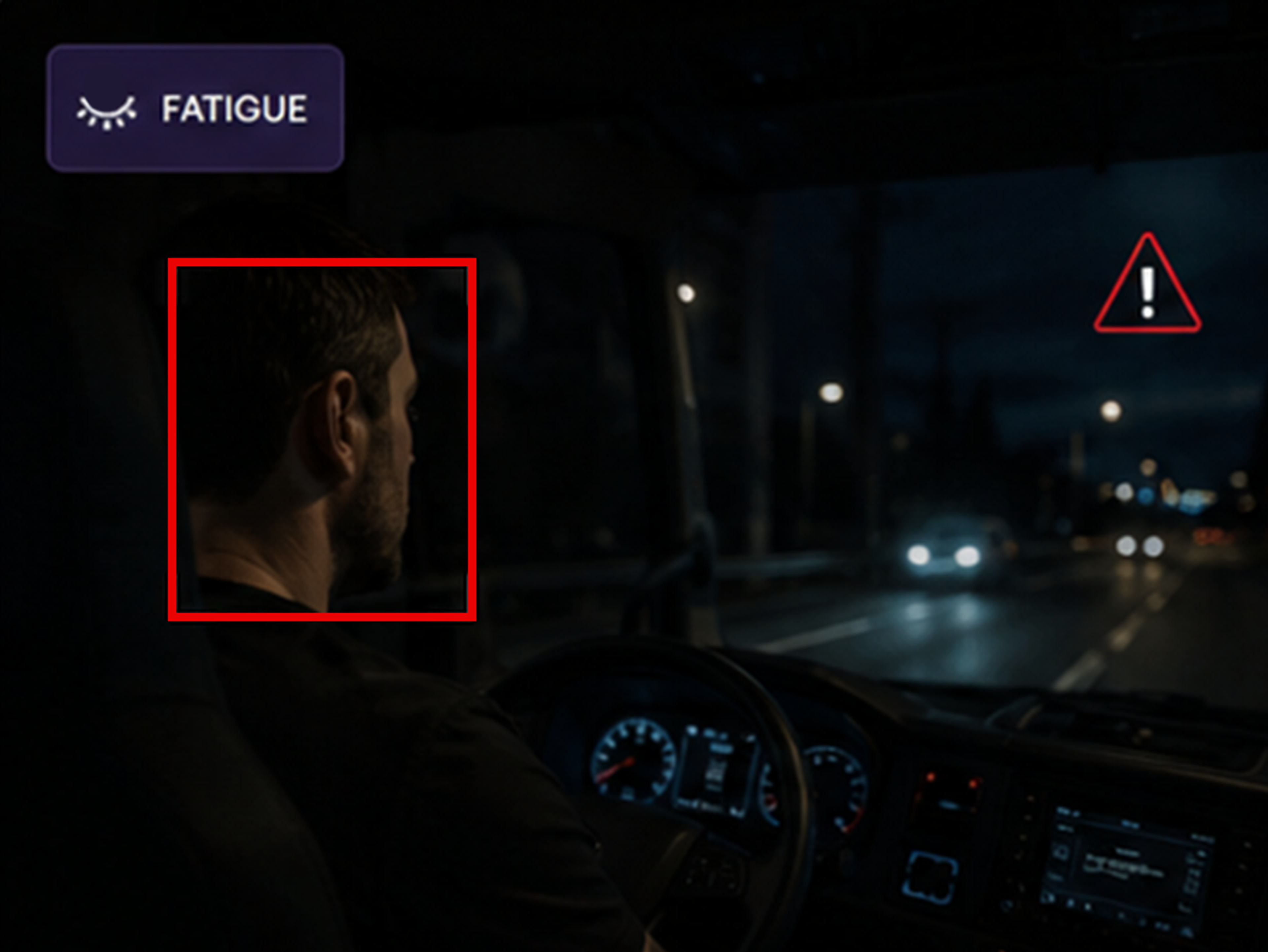 Vision360 fatigue detection: driver-facing frame with the fatigue indicators and the alert raised.