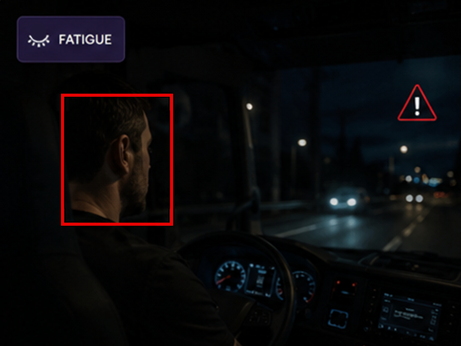 Vision360 fatigue detection: driver-facing frame with the fatigue indicators and the alert raised.