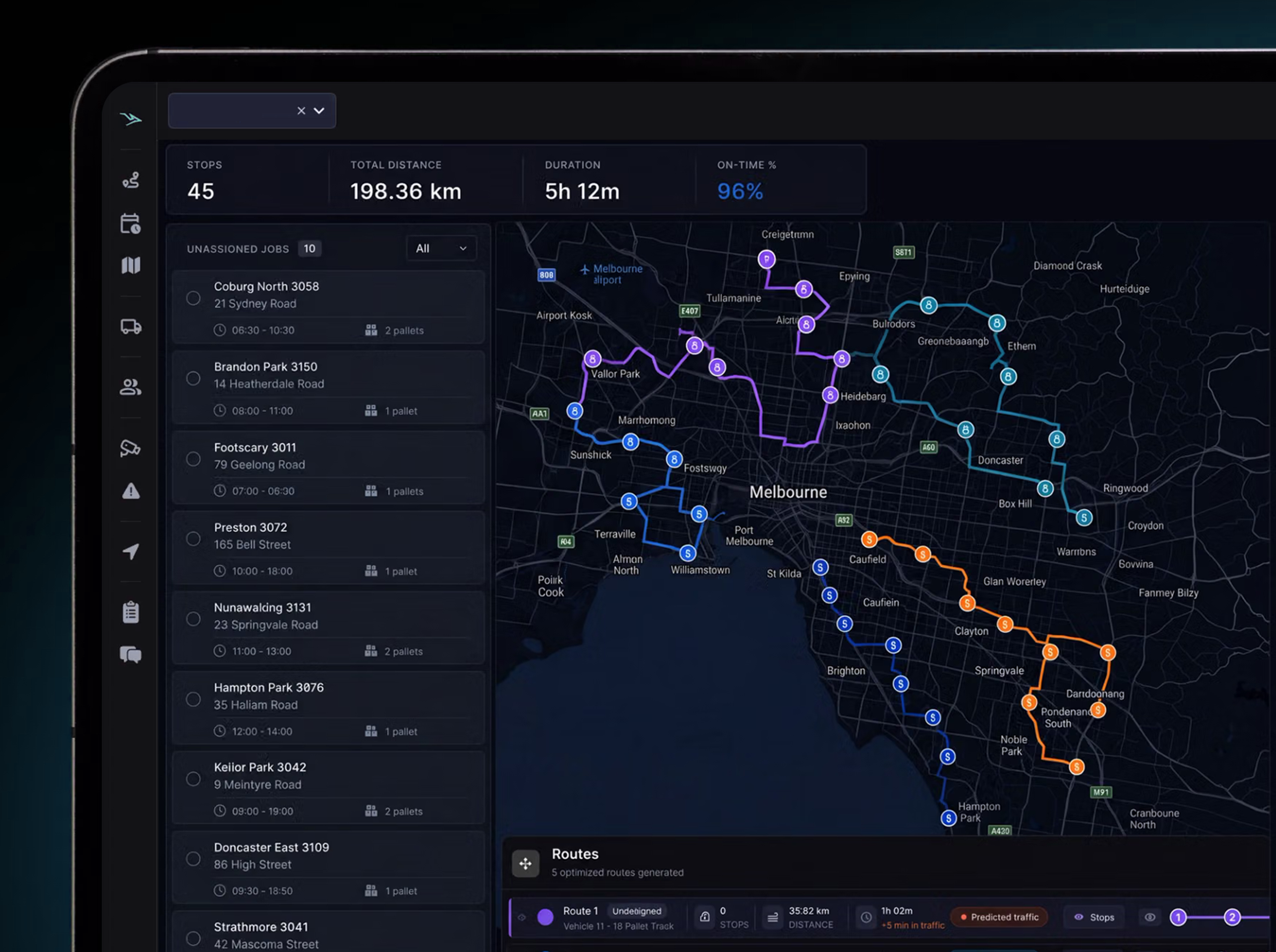 Route360 route planning console: unassigned jobs on the left, five optimised routes drawn on the map, and a plan summary showing stops, total distance, duration, time-window performance, cost per delivery and capacity utilisation. 16:10, dark UI, 2560x1600.