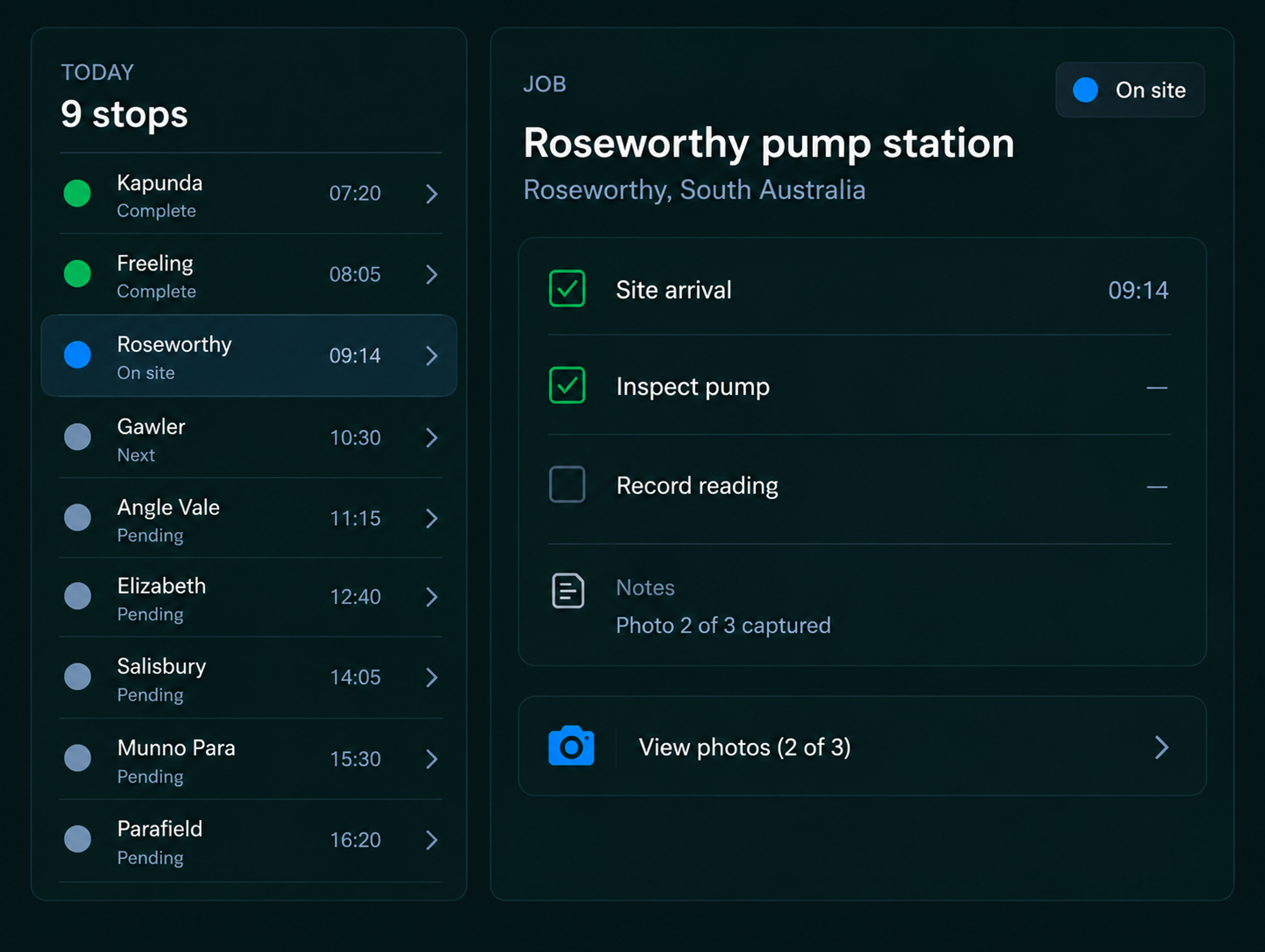 Driver app on a handset: the day's stop list with status, beside an open job showing its checklist and proof capture.