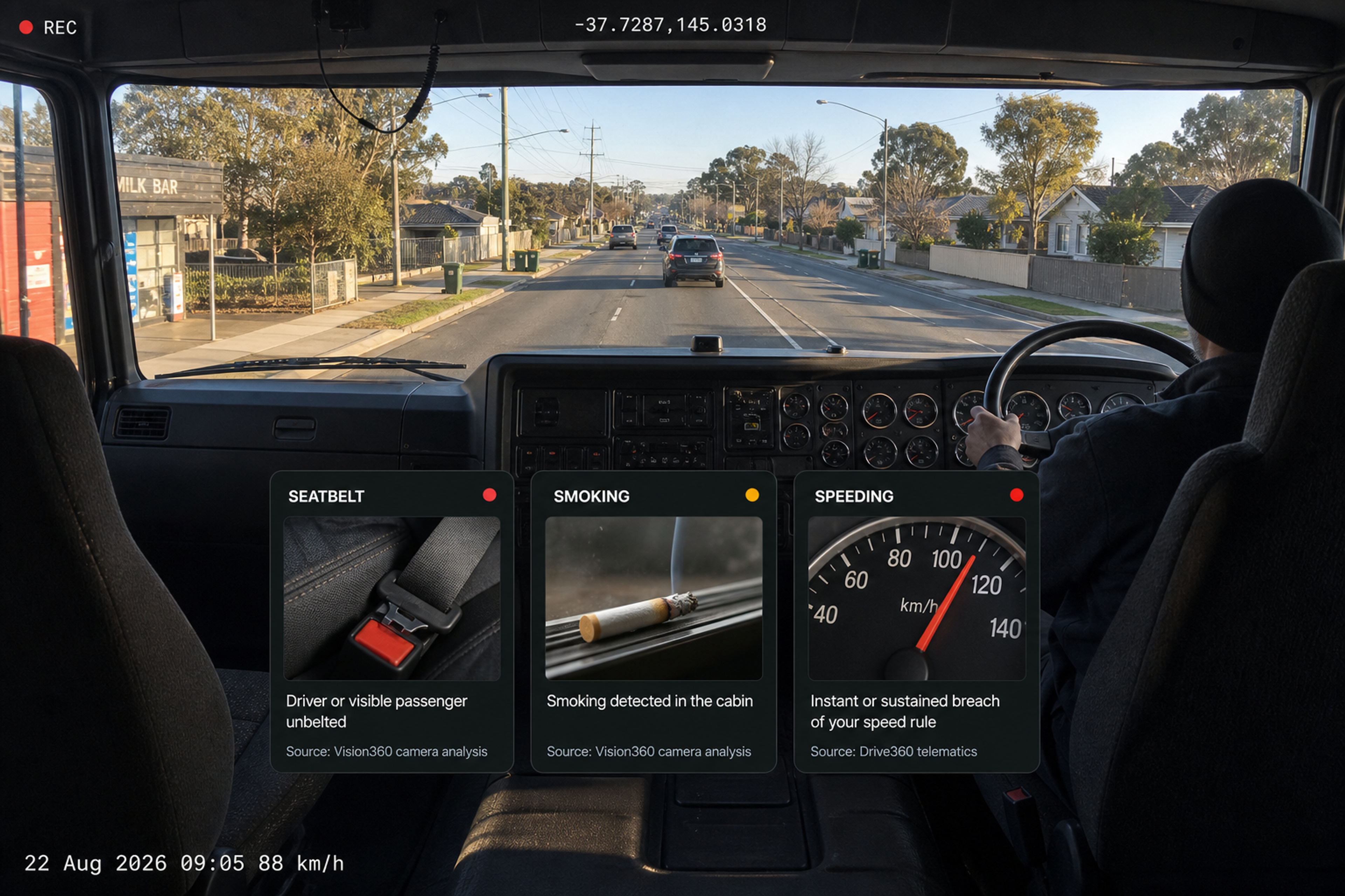 The three event types side by side, each with its own tinted card, image and source line: a fastened seatbelt buckle, smoking in-cab, and a speedometer past the limit. 4:3, dark UI.