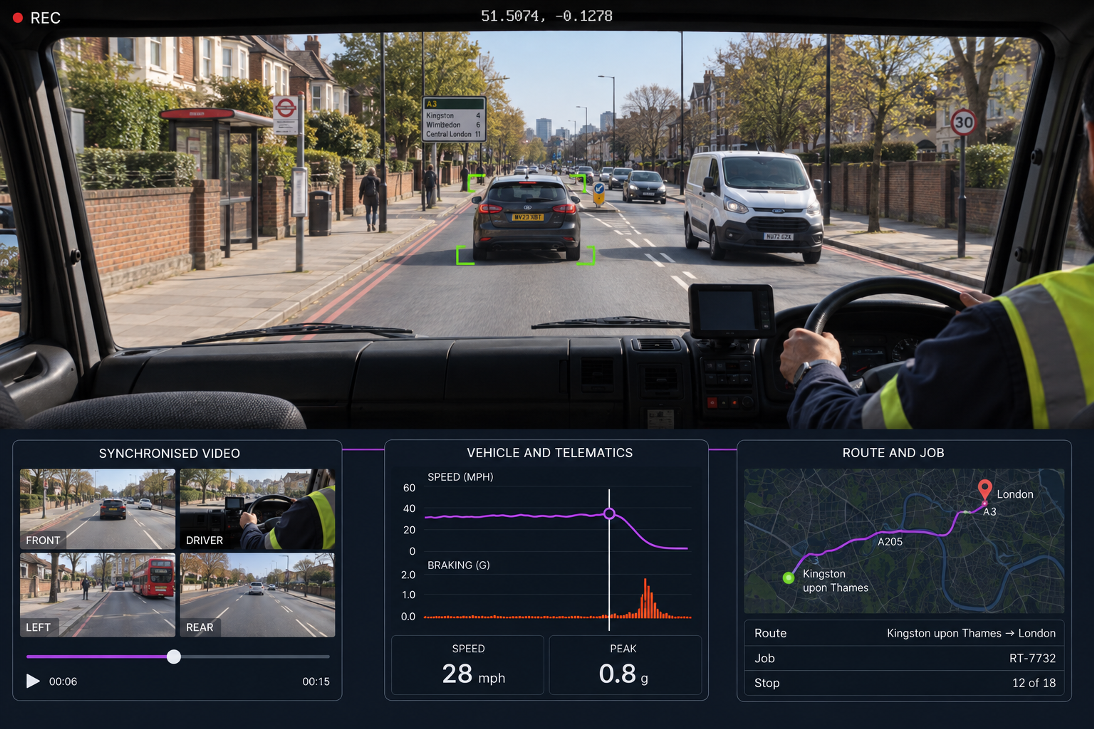 The three evidence panels side by side: synchronised multi-camera video over its timeline, a speed and braking chart, and the route map with the stop and delivery reference. 4:3, dark UI.
