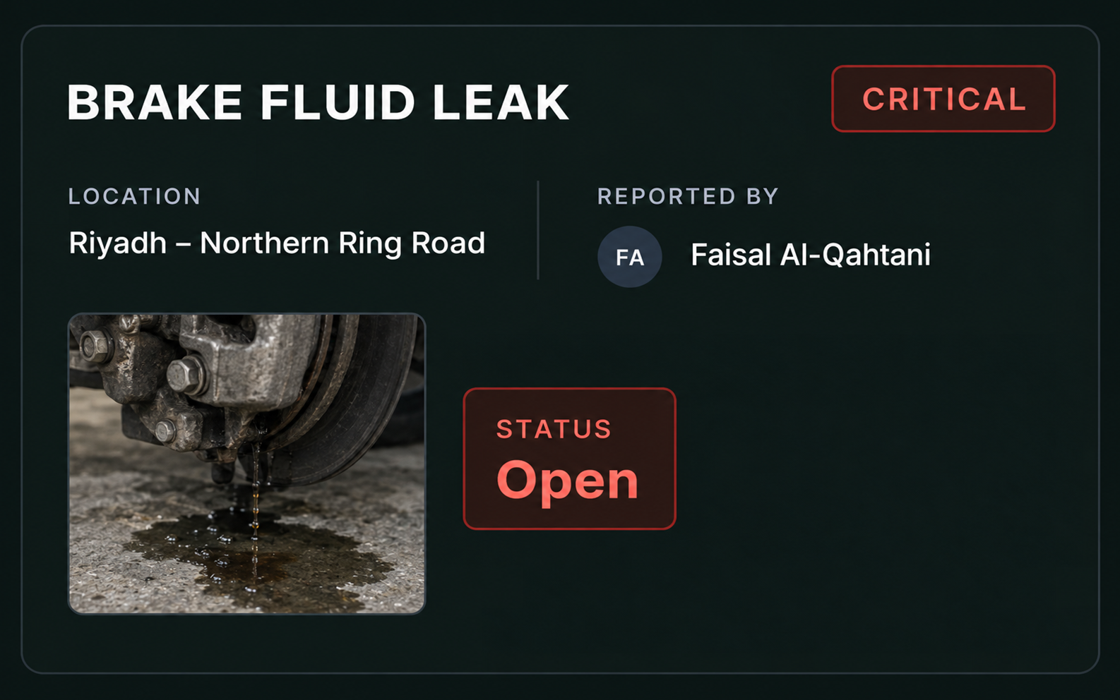 Drive360 defect card: brake fluid leak, severity critical, location front, reported by the driver, with a photo