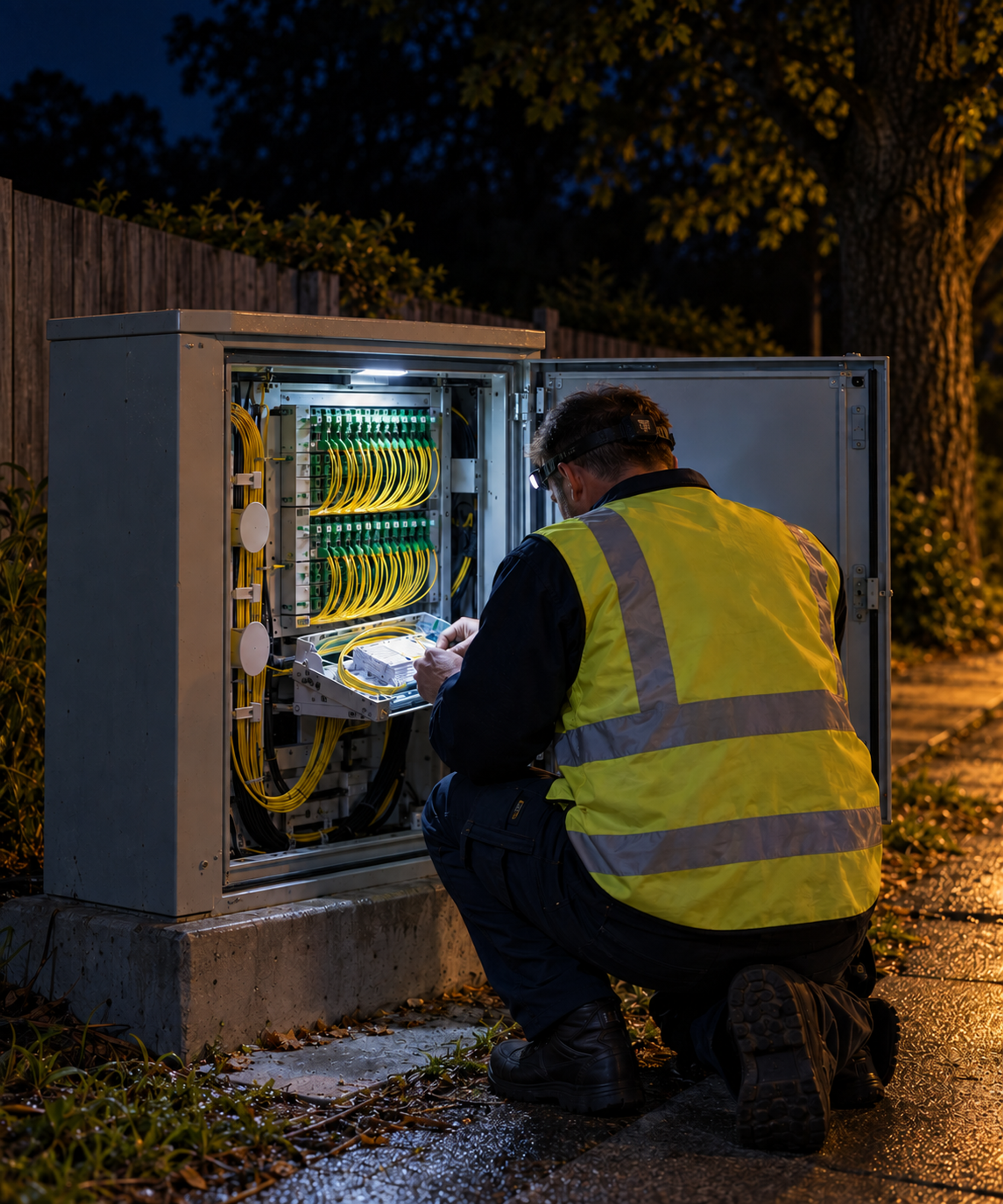 Photograph: a technician at a street cabinet at night. Dark and cool, room at the top, no text in the artwork.