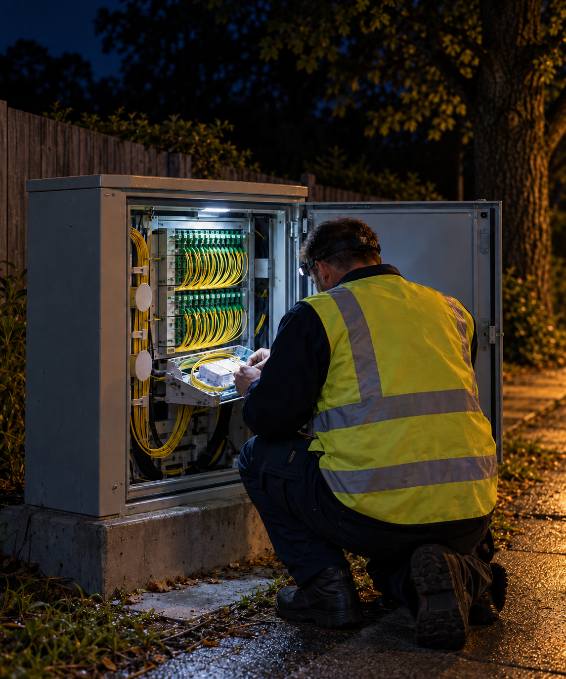 Photograph: a technician at a street cabinet at night. Dark and cool, room at the top, no text in the artwork.