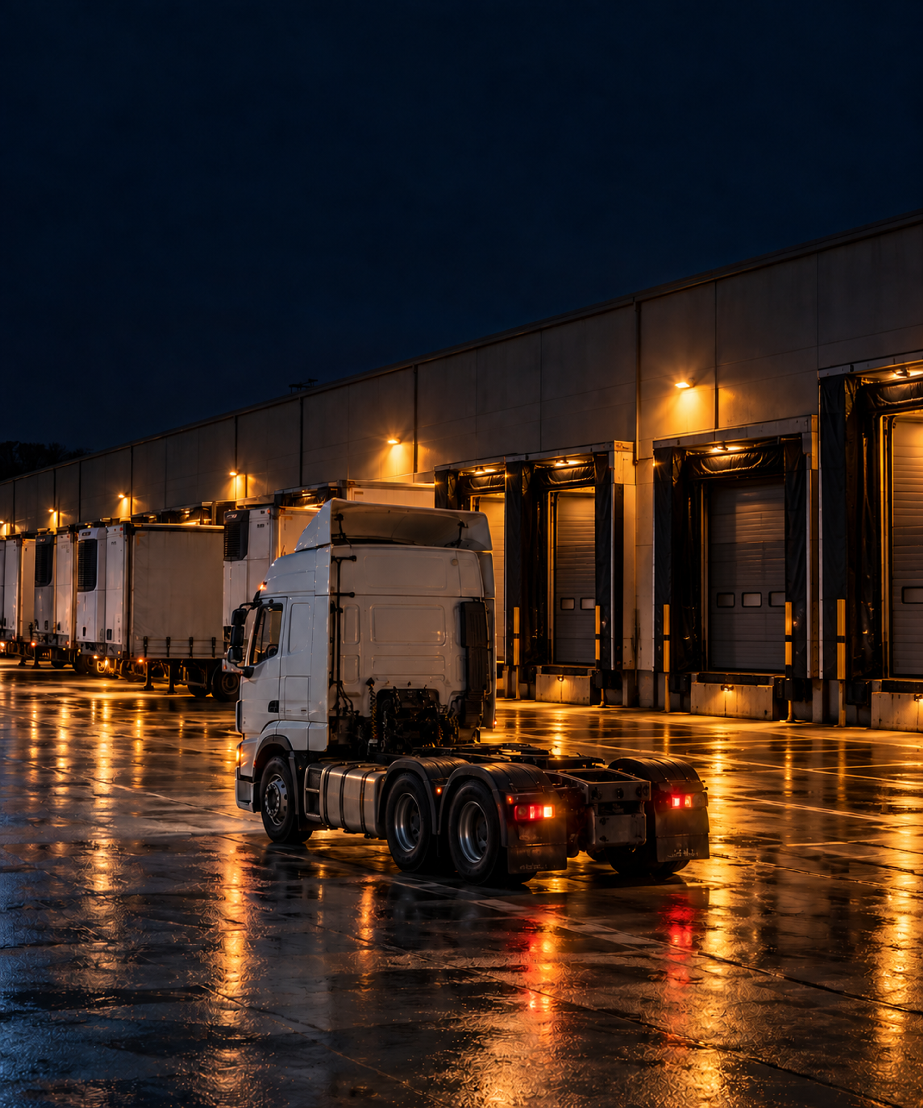 Photograph: a distribution yard at night with trailers on bays. Dark and cool, room at the top, no text in the artwork.