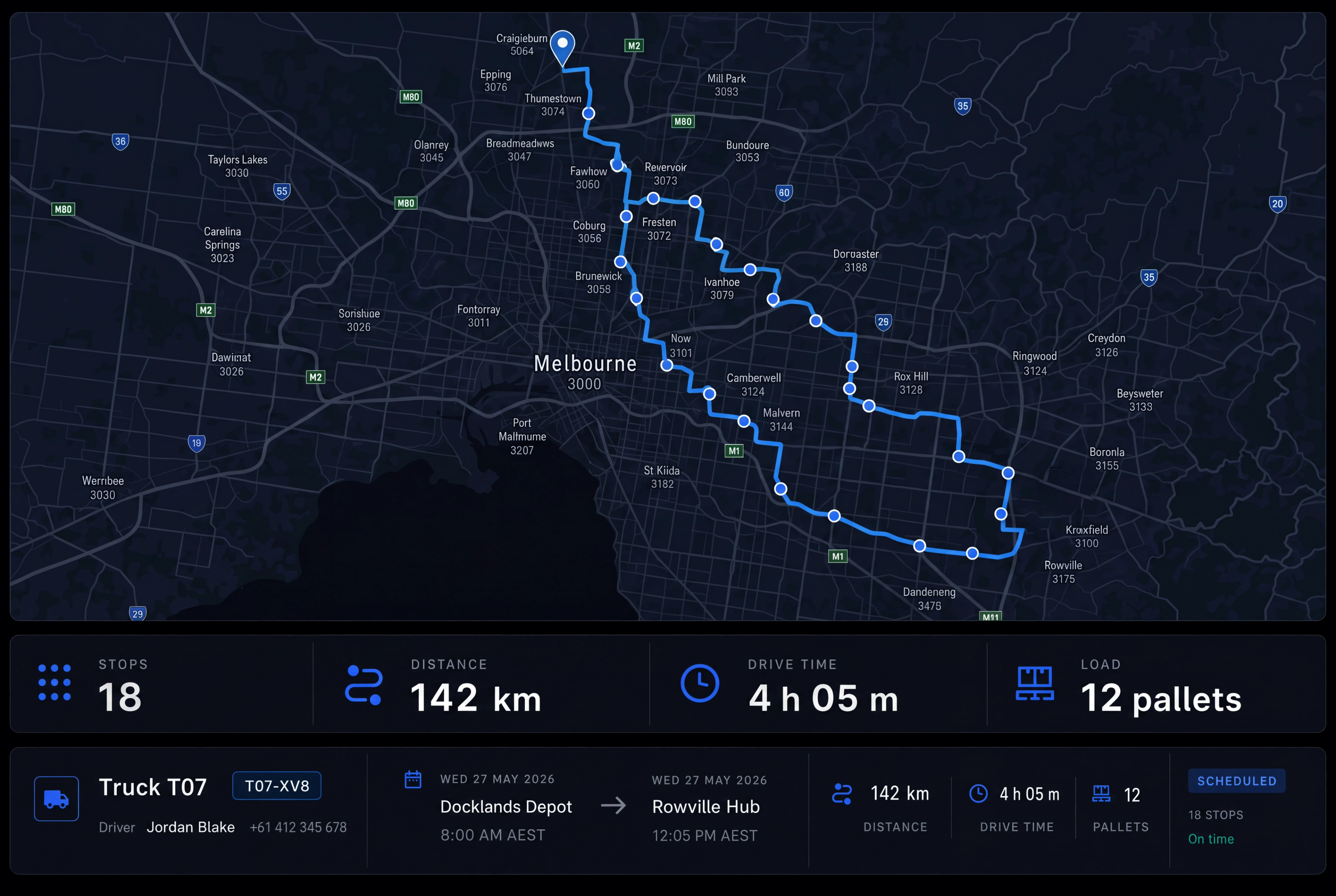 Route summary panel: the route drawn on a map above its four headline figures. 16:9, dark UI.