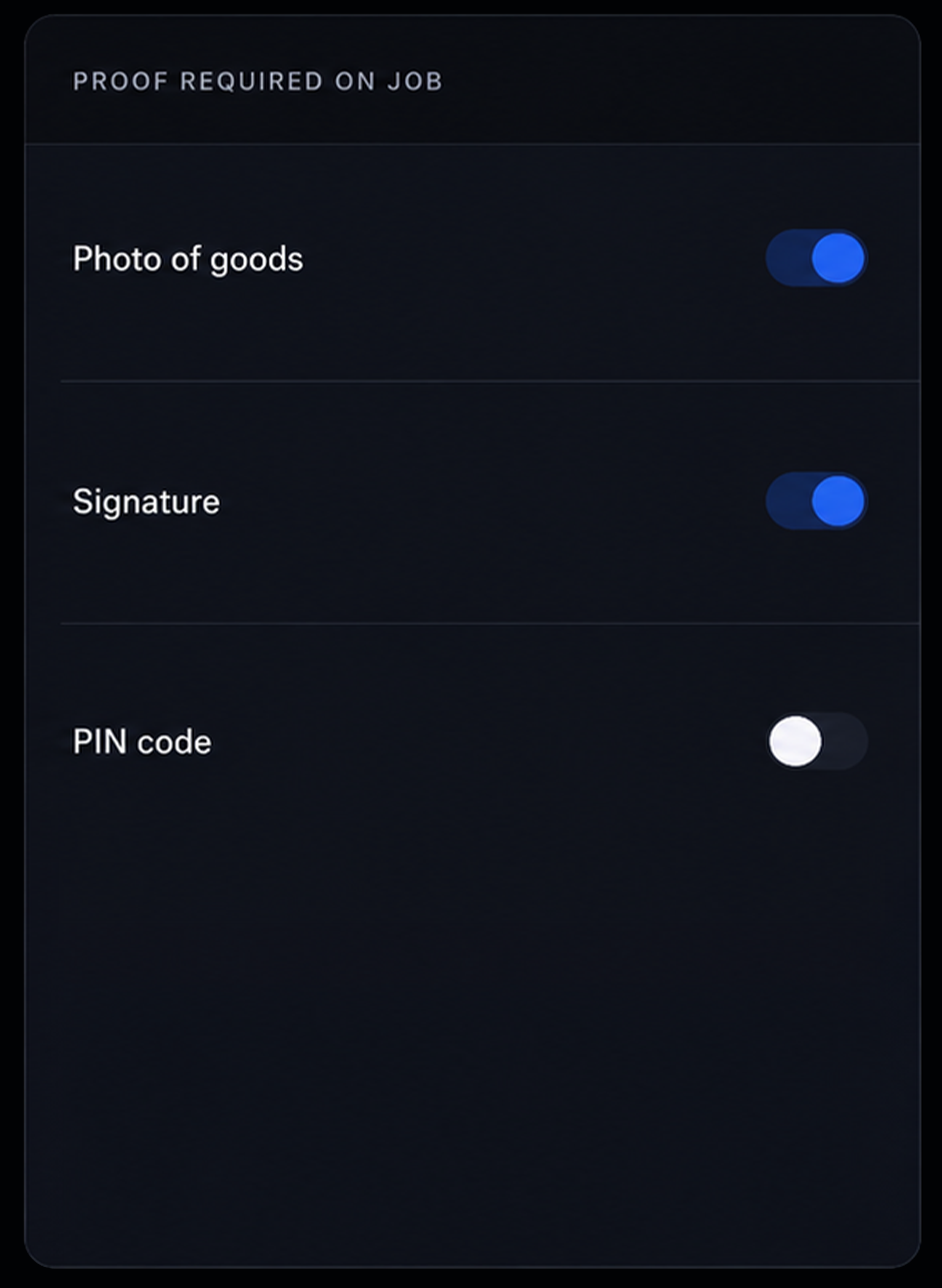 Proof requirement toggles on a job. 4:3, dark UI.