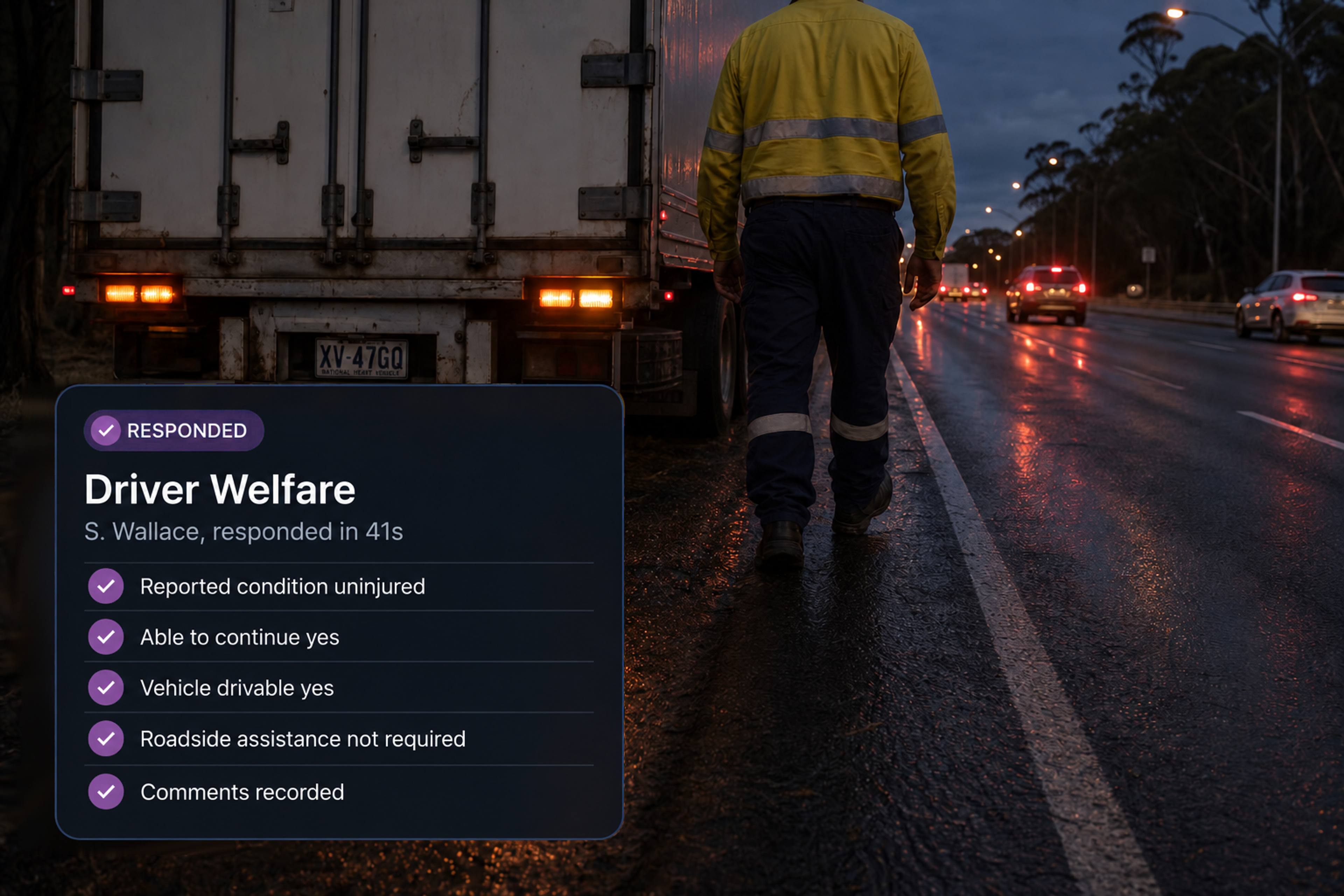 Driver welfare panel: seven checked rows from driver response through to comments, with the view welfare history link. 4:3, dark UI.