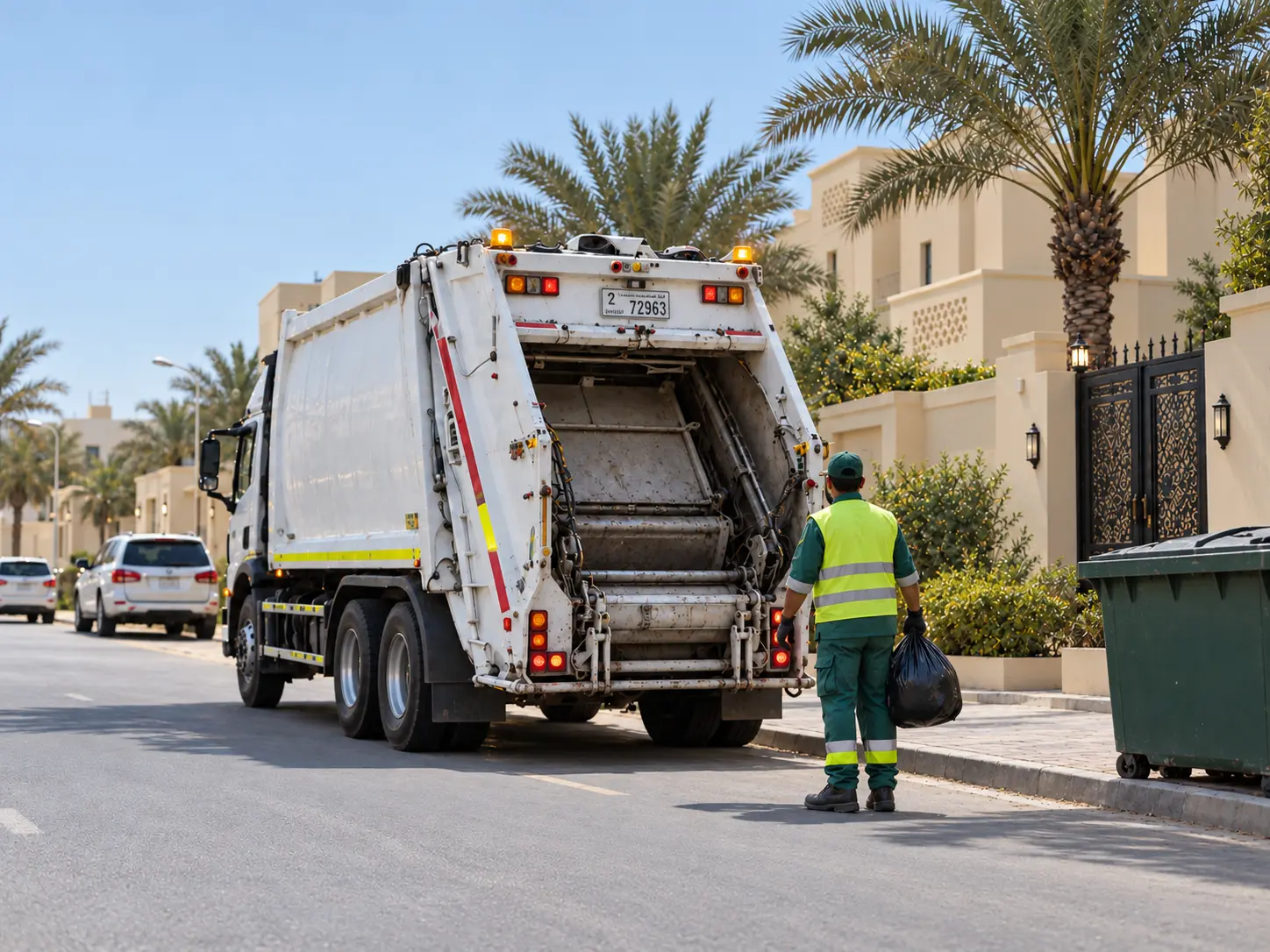 Photograph: a waste collection vehicle on a residential round early morning. Dark and cool, no text in the artwork.