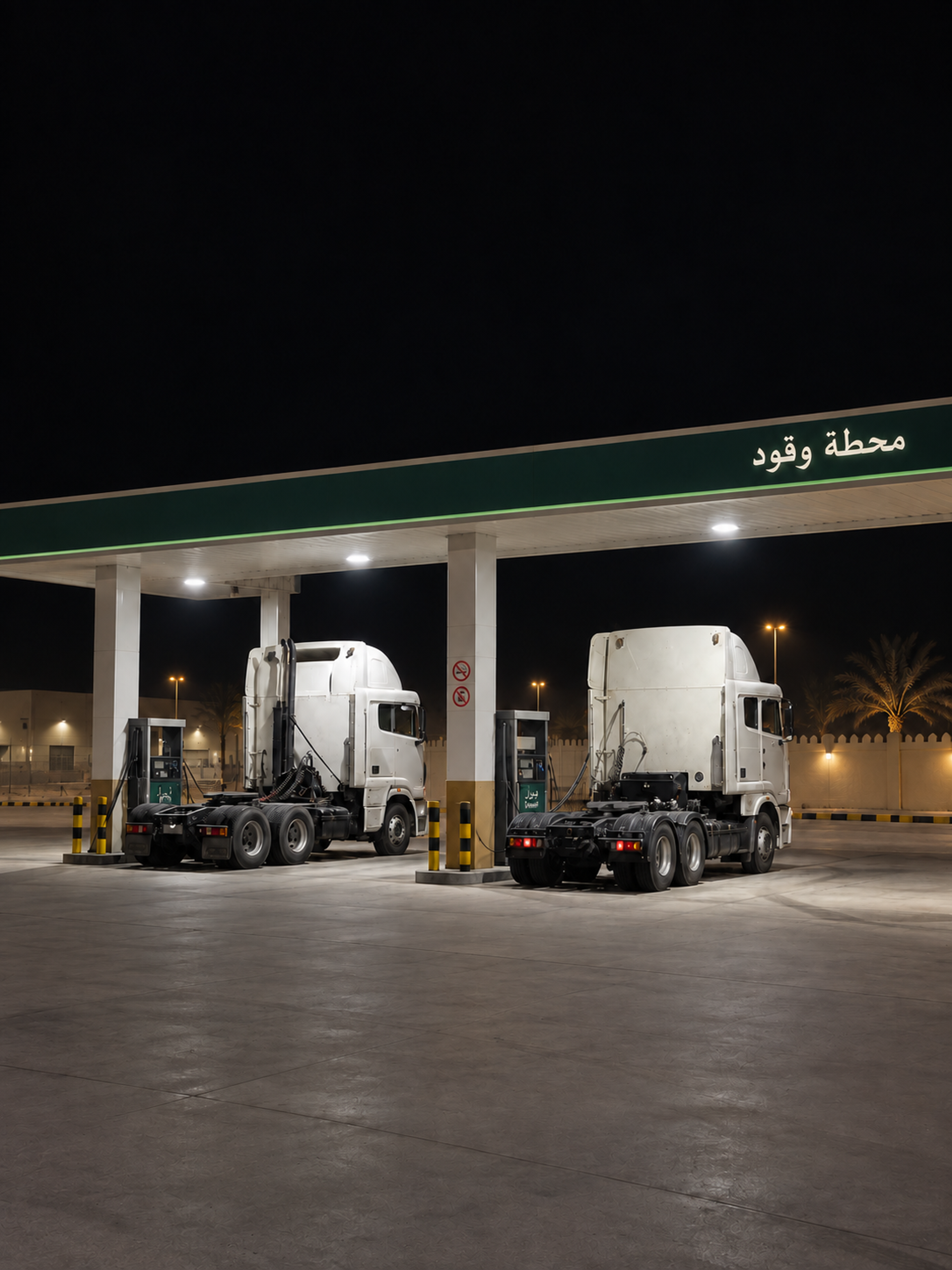 Photograph: a depot at night with vehicles under lights. Dark and cool, room at the top, no text in the artwork.