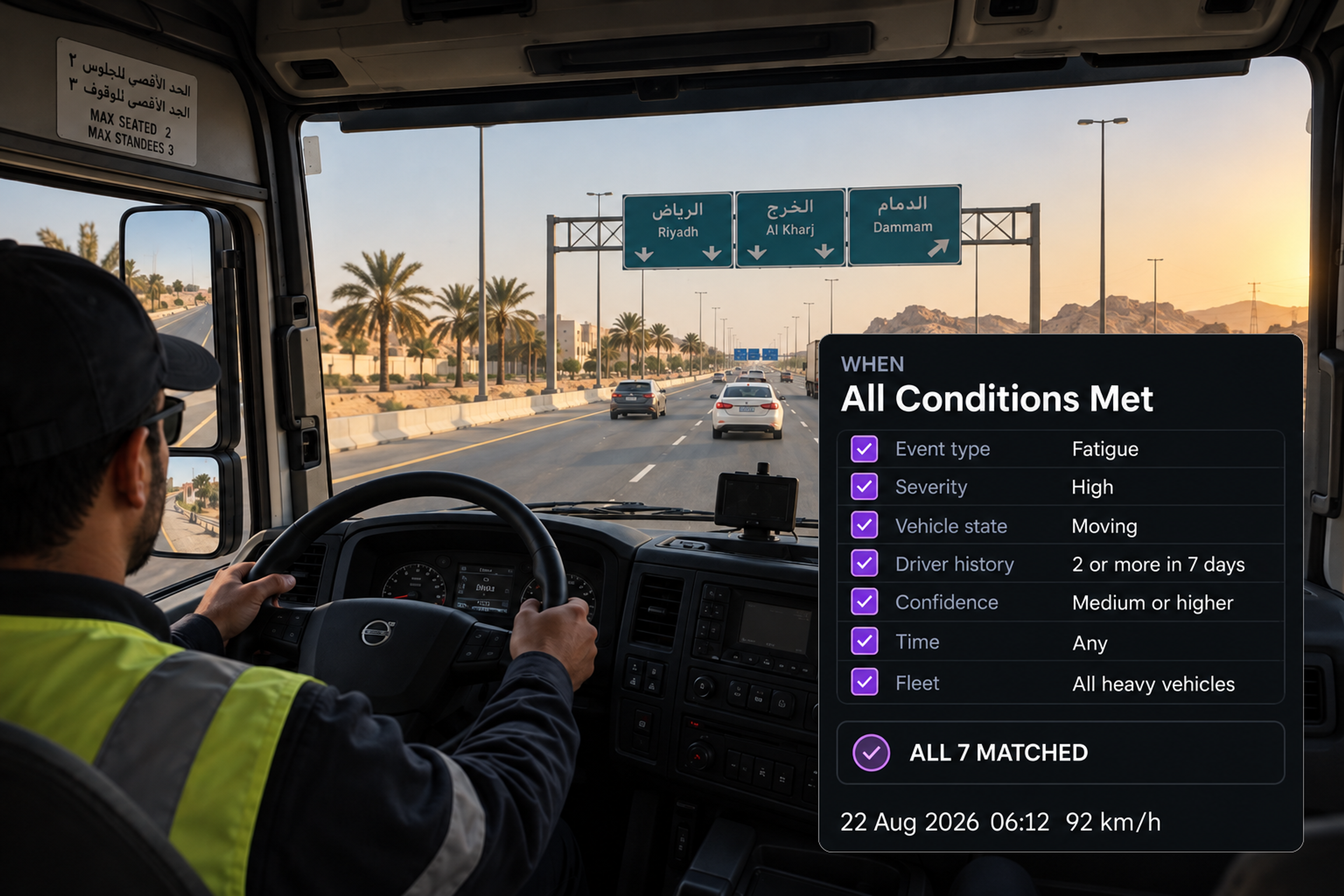 The WHEN column of the rule builder listing event type, severity, vehicle state, driver history, confidence, time and fleet. 4:3, dark UI.
