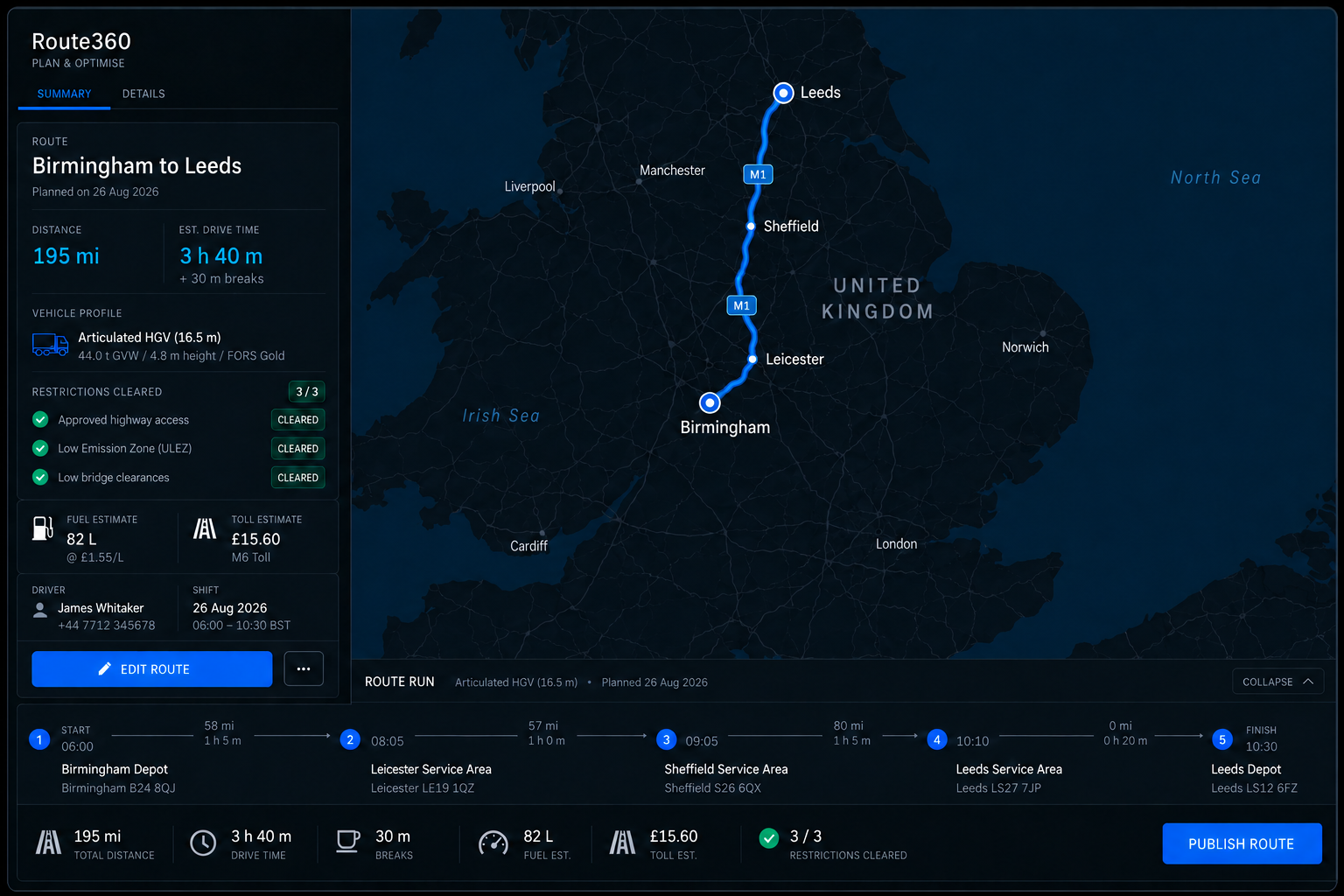 Route summary panel beside a long-haul route with clearance, turn and hazard markers on it. 16:9, dark UI.