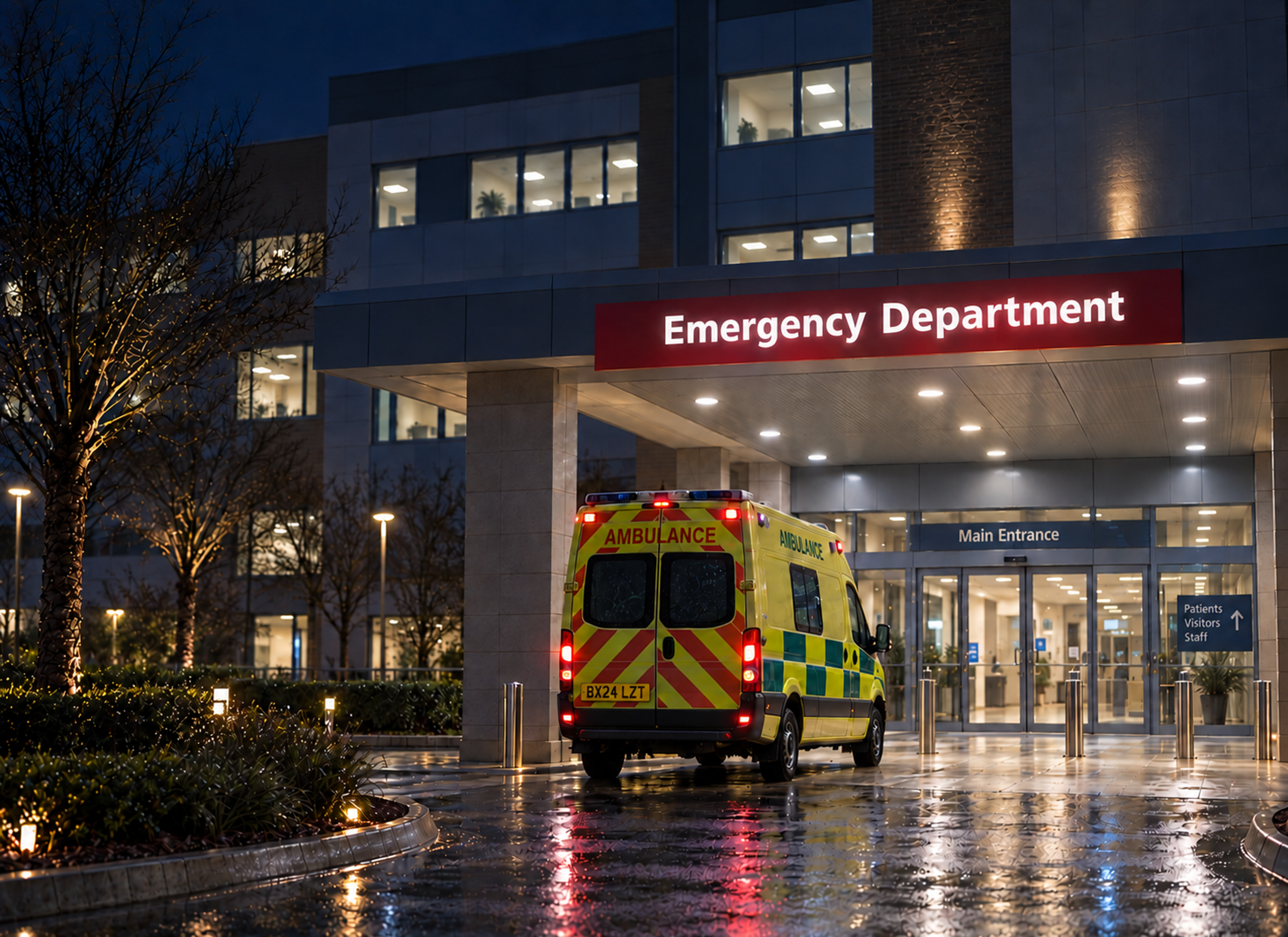 Photograph: a hospital service entrance at night, a vehicle at the bay. Dark and cool, no text in the artwork.