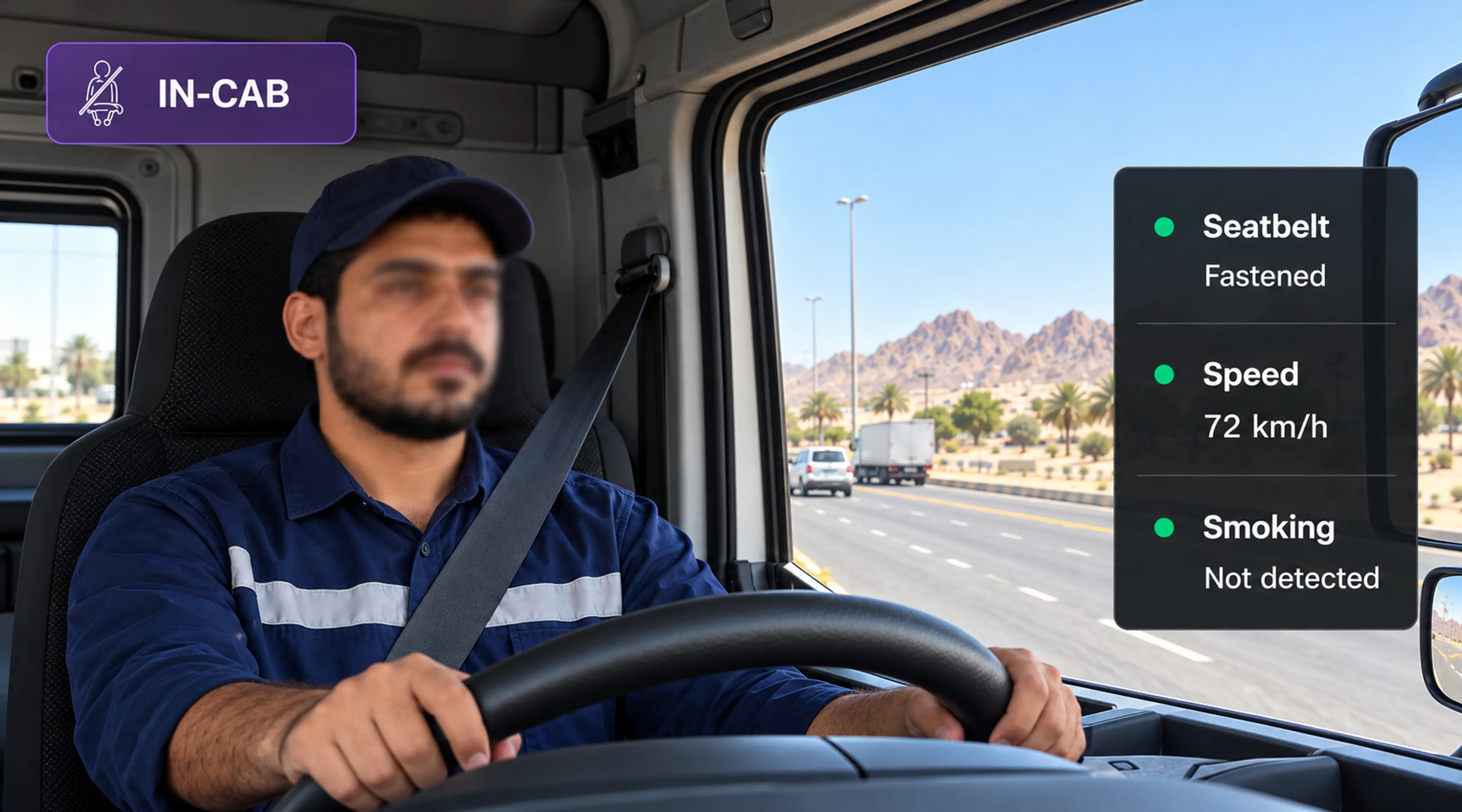 Vision360 in-cab detection: driver-facing frame with the seatbelt and speed state shown.