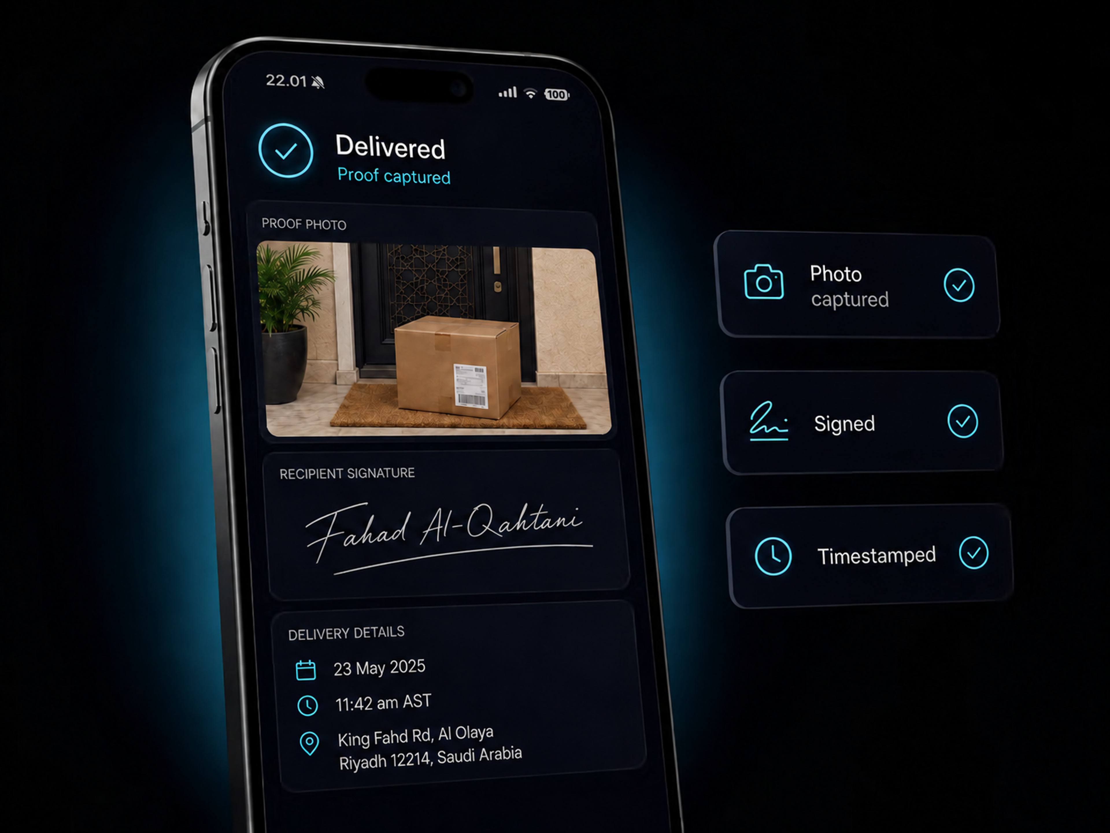 Proof of delivery on a driver's phone: signature, photo and timestamp