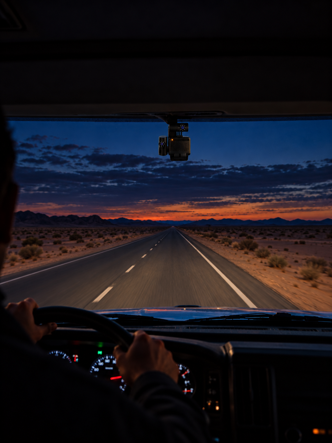 Truck cab at dusk, the driver at the wheel with the in-cab camera above the windscreen