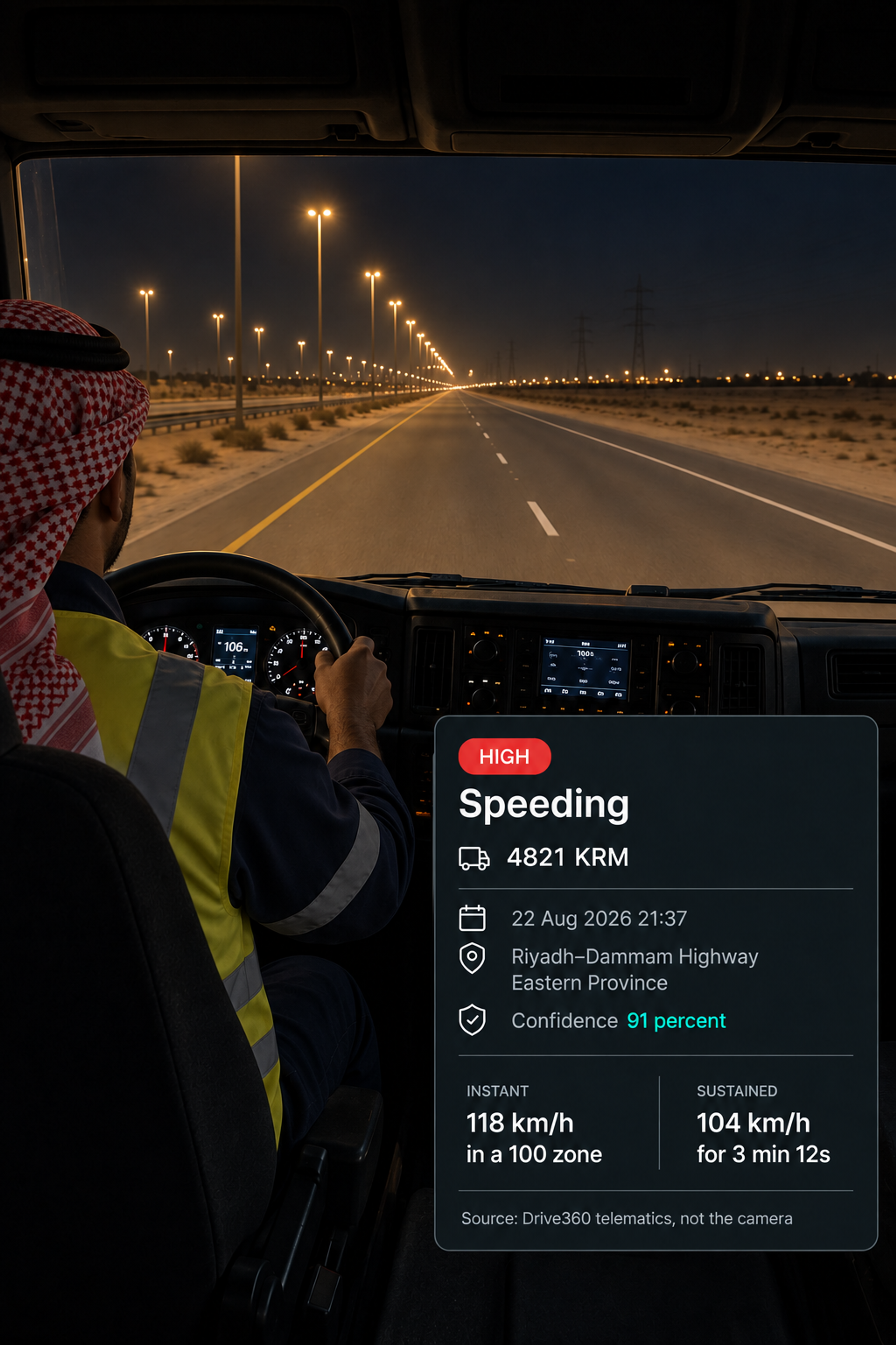 Photograph: a highway speed limit sign with a truck passing, shot from the roadside. Portrait 3:4, dark and cool, room at the top for a heading, no text in the artwork.