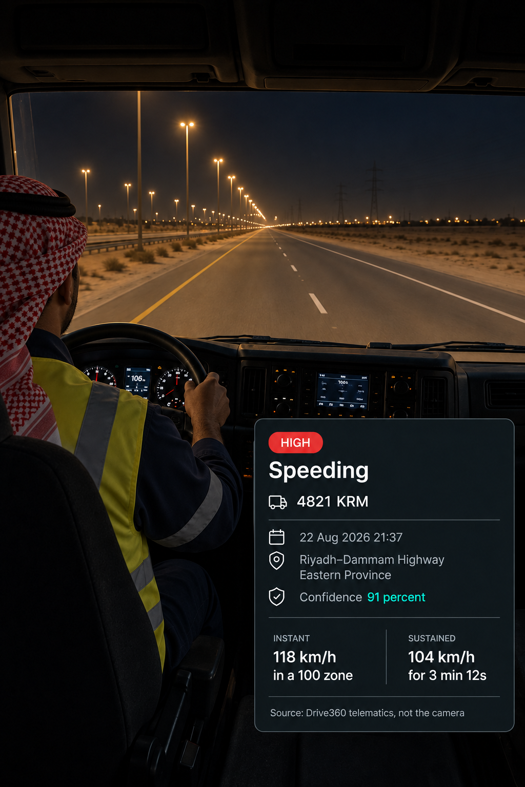 Photograph: a highway speed limit sign with a truck passing, shot from the roadside. Portrait 3:4, dark and cool, room at the top for a heading, no text in the artwork.