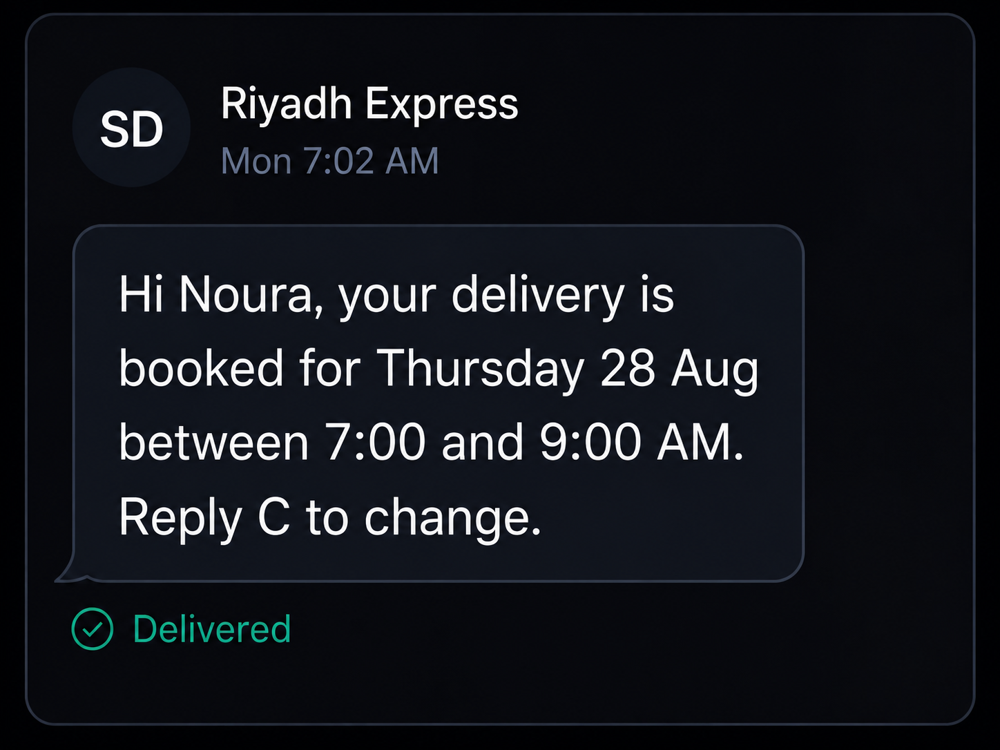 Delivery window message on a handset. 4:3.