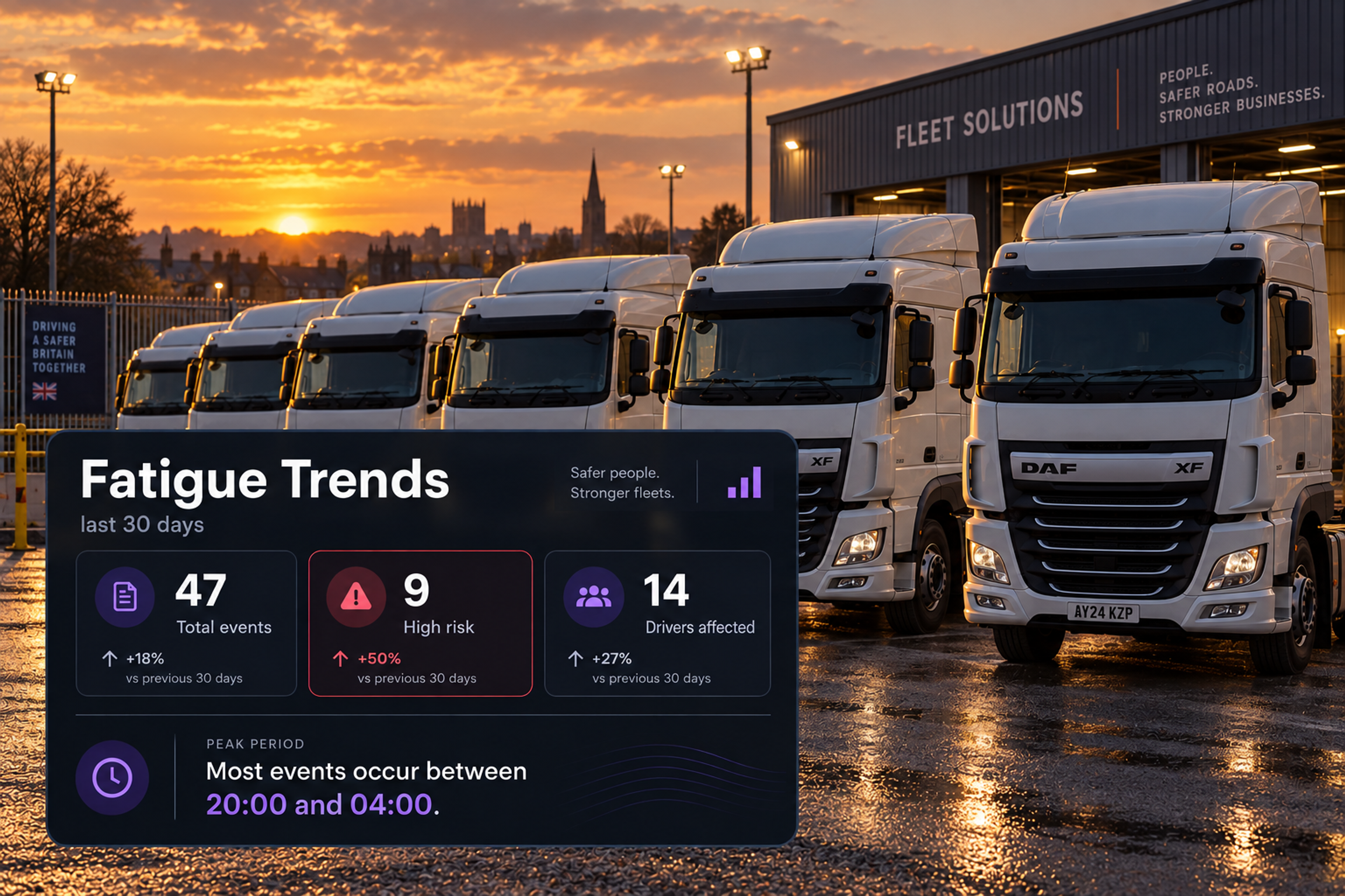 Fatigue trend panel: event counters, the events-over-time chart, the time-of-day breakdown and the repeated-events driver list. 4:3, dark UI.