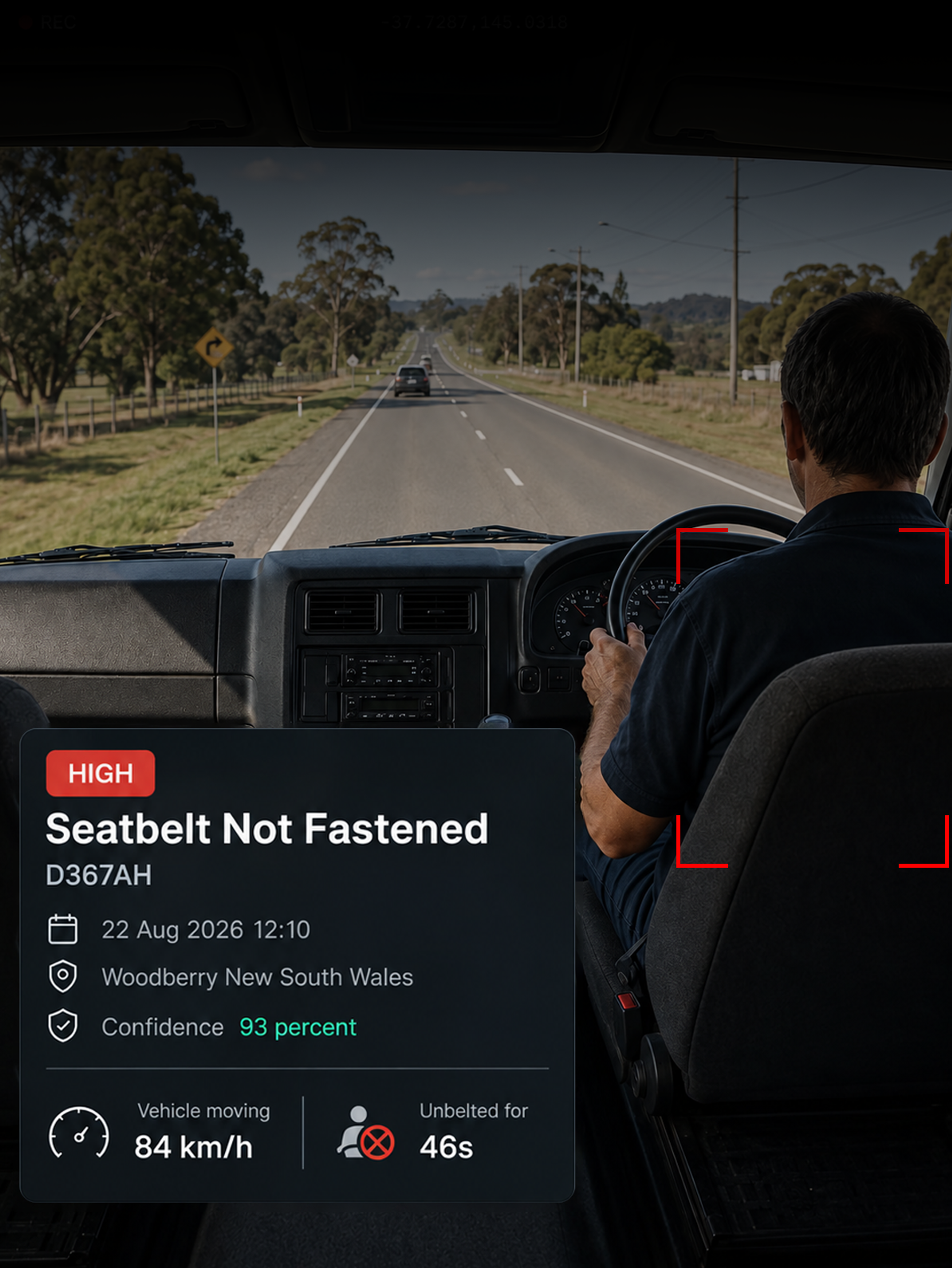 Photograph: a fastened seatbelt buckle in a truck cab, close crop. Portrait 3:4, dark and cool, room at the top for a heading, no text in the artwork.
