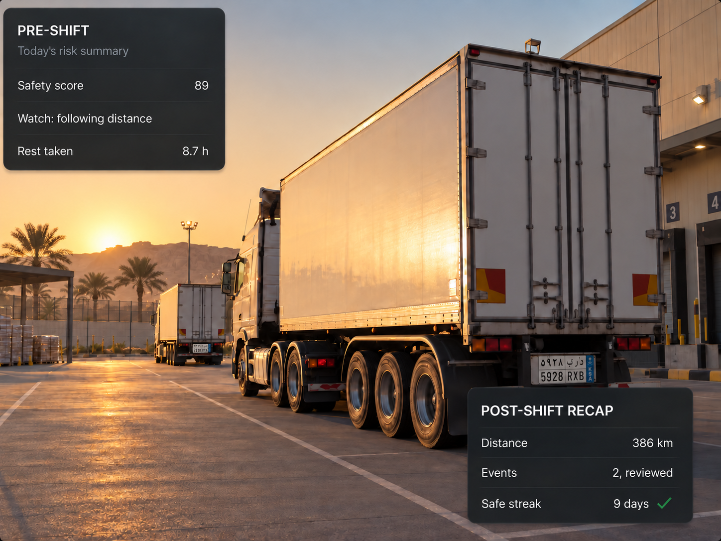 Driver app on a handset: the pre-shift risk summary and safety score, with the post-shift recap below it.