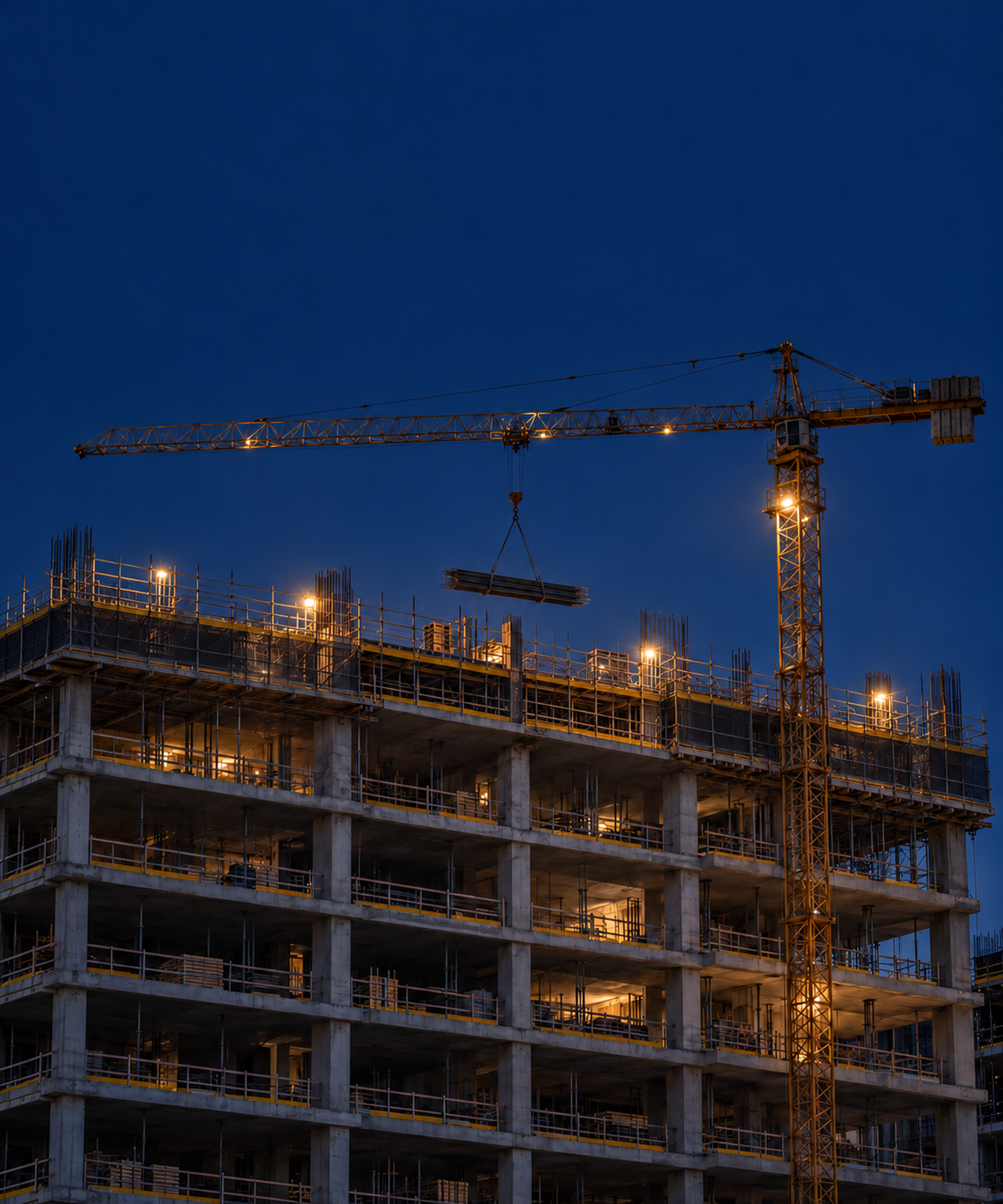 Photograph: a tower crane over a structure at dusk. Dark and cool, room at the top, no text in the artwork.