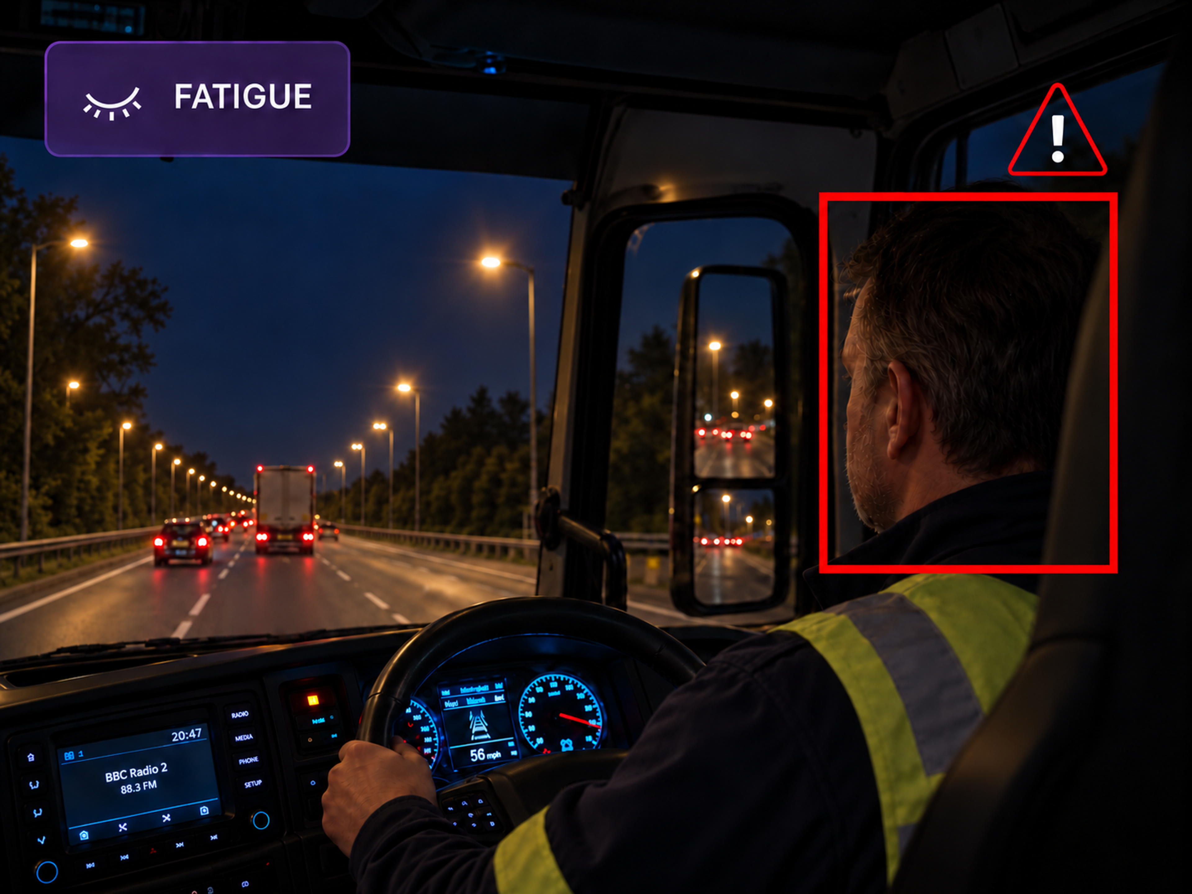Vision360 fatigue detection: driver-facing frame with the fatigue indicators and the alert raised.
