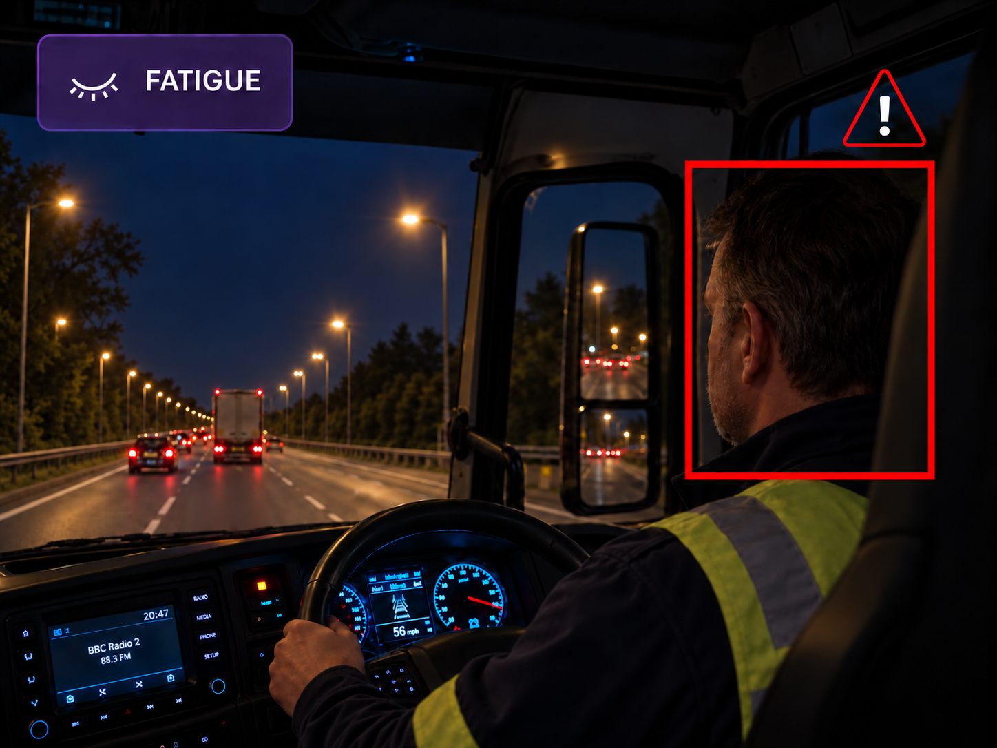 Vision360 fatigue detection: driver-facing frame with the fatigue indicators and the alert raised.