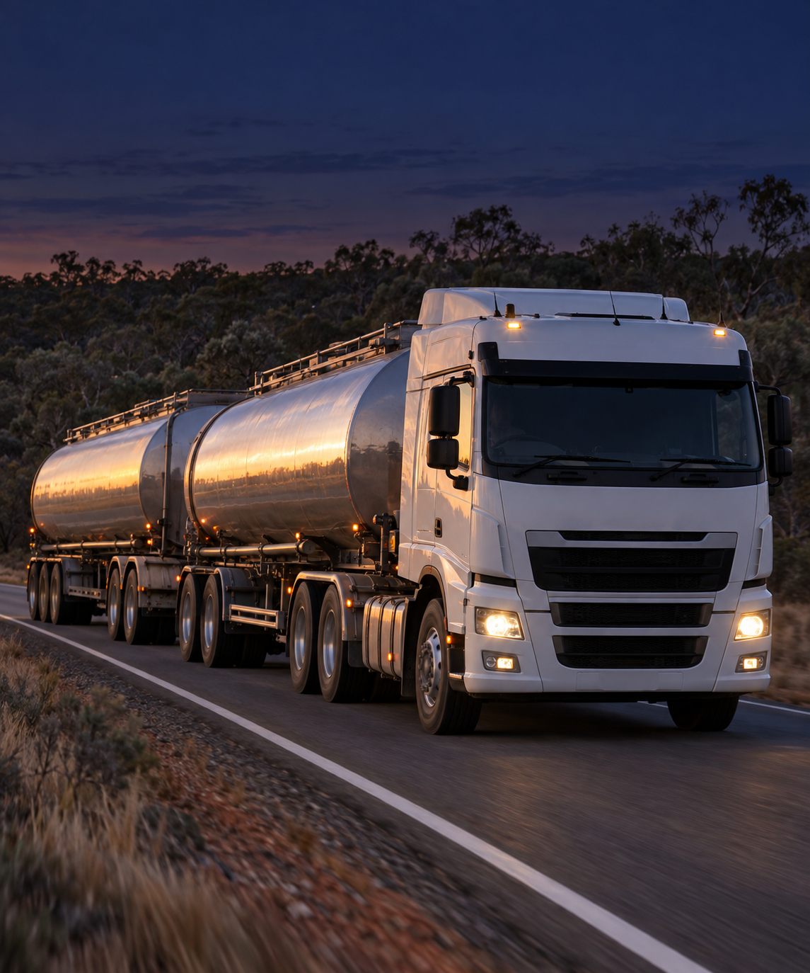 Photograph: a heavy vehicle on a remote highway at dusk. Dark and cool, room at the top, no badges or text in the artwork.